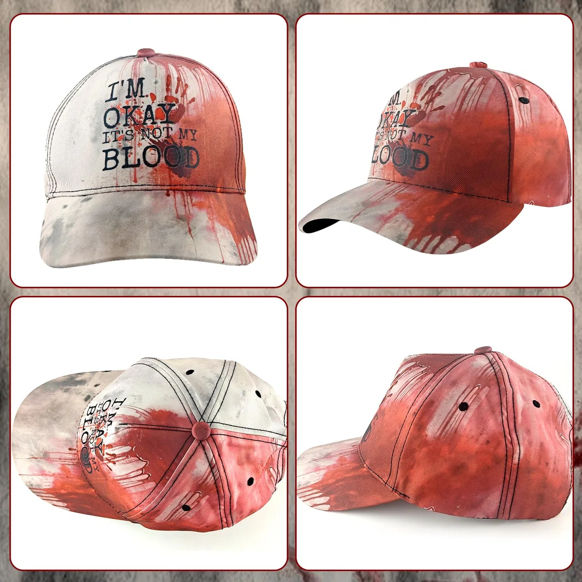Cappellini da Baseball Halloween con Macchie di Sangue, I'm Ok, It's Not My Blood Cappellino Horror, Cappello da Baseball Unisex, Accessorio Cosplay per Festa Horror e Costumi