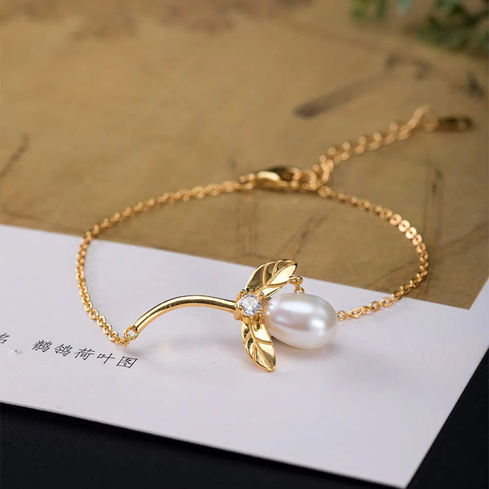 Girls Accessories Bracciale in Argento Sterling 925 Vintage per Donna Semplice Perla d'Acqua Dolce Foglia Dorata Gioielli Classici Fascino Spiaggia Estiva Birthday Gift