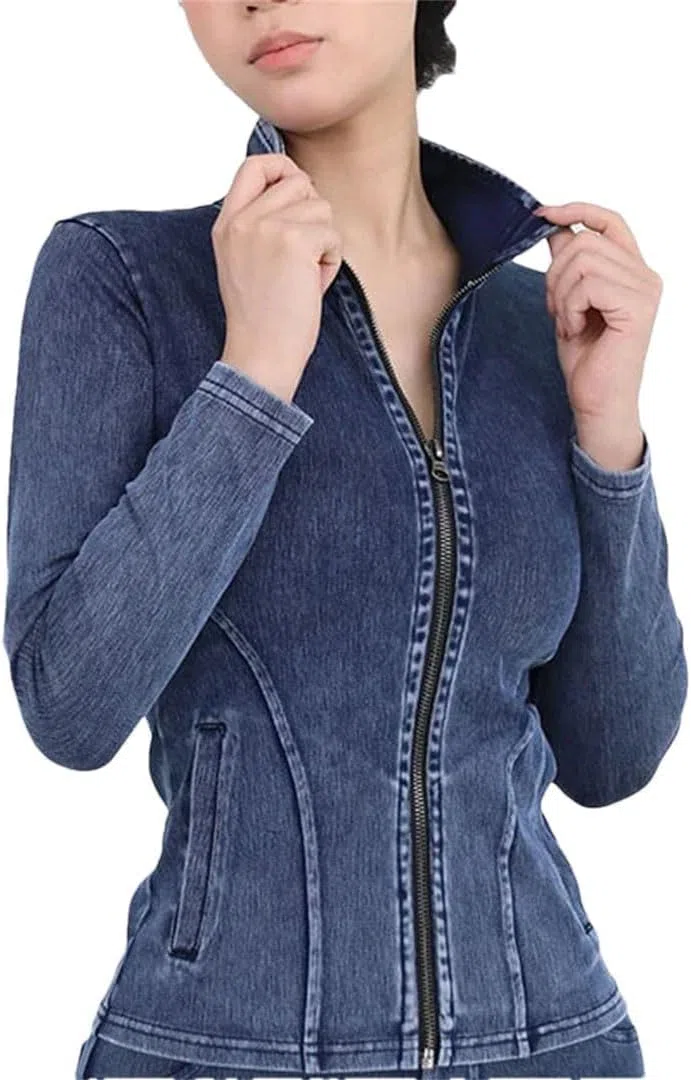 Top da donna in denim a maniche lunghe elasticizzato con cerniera intera, vestibilità aderente, con tasche, casual, con cerniera, abbigliamento sportivo per palestra e yoga, Blu scuro, XXL