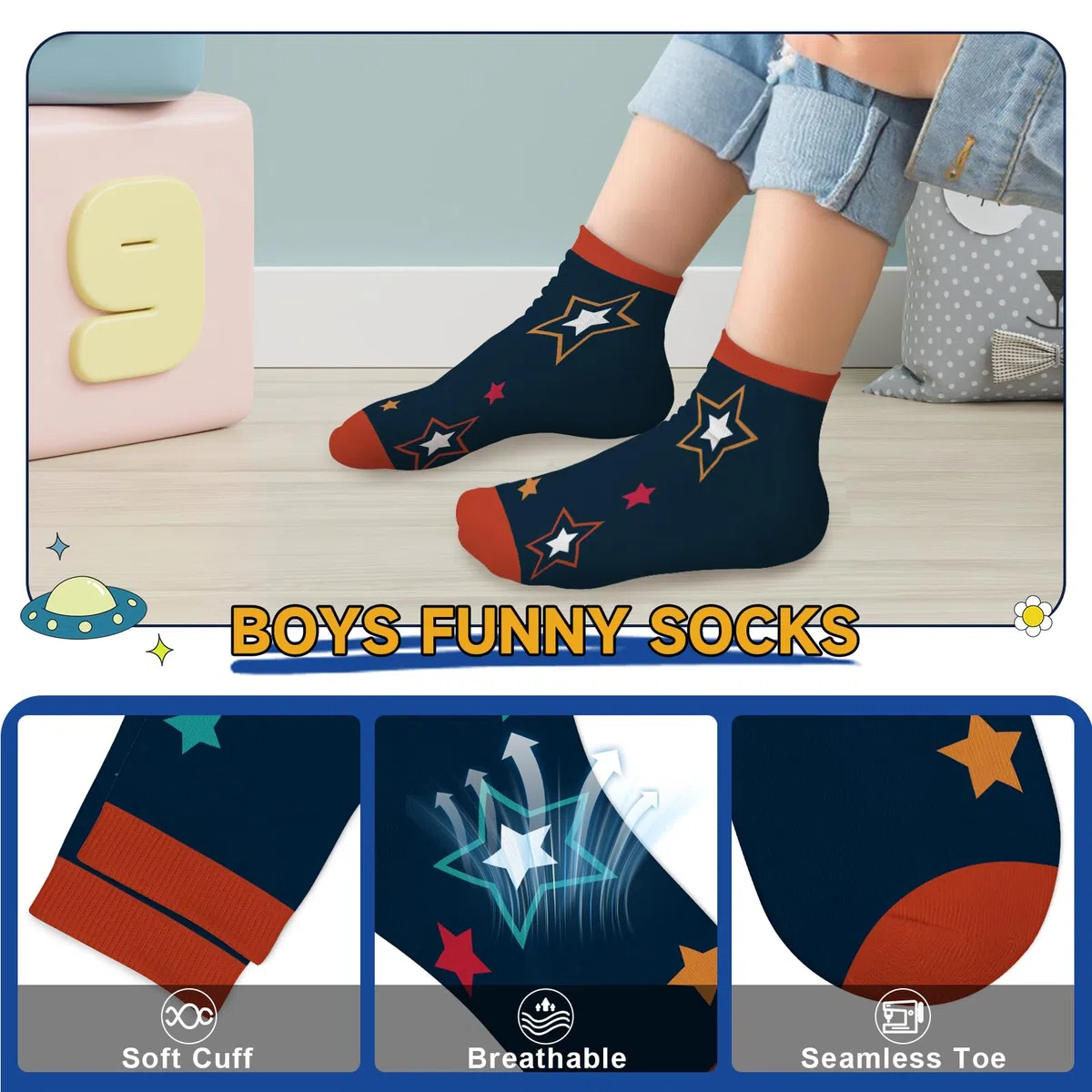 6 Paia Calze in Cotone Traspirante Bambino Calzini Corti Stampe giocose con stelle Calzini alla Caviglia 2-5 Anni