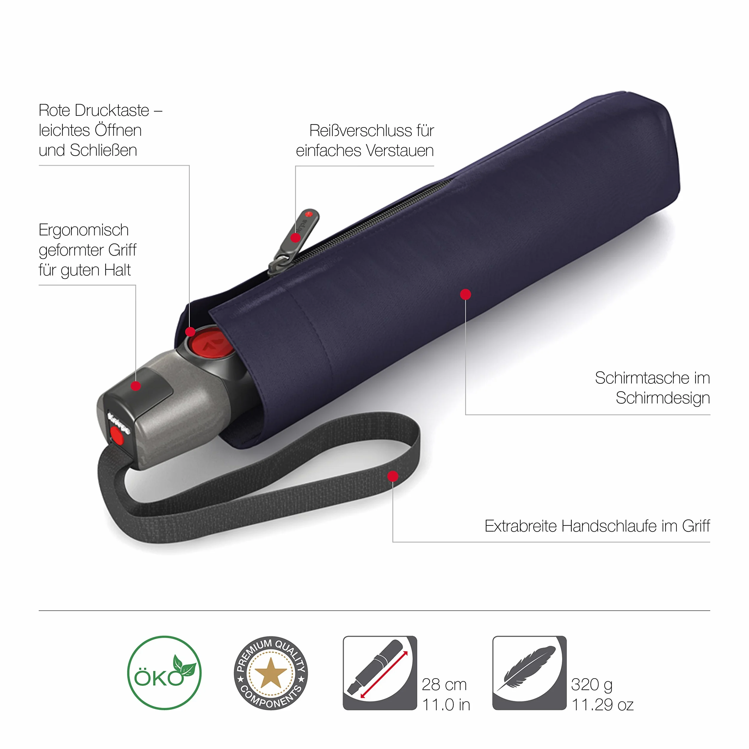 Knirps - Ombrello tascabile T.200 Duomatic Solids - A scomparsa automatica - Pieghevole - Resistente alle intemperie - Antivento - Navy