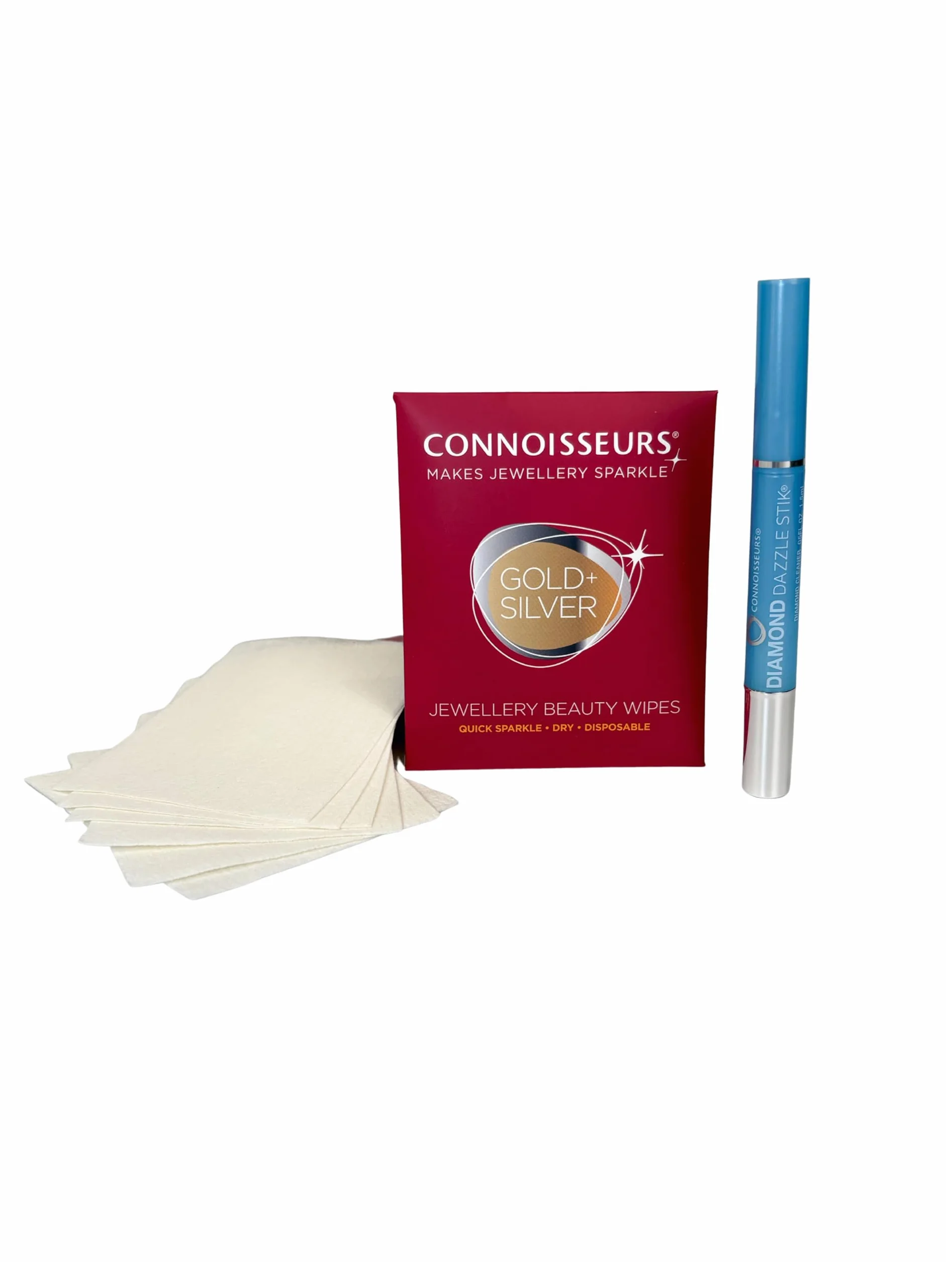 Connoisseurs Kit Pulizia Gioielli | Diamond Dazzle Stick e 6 Panni Detergenti | Pulitore Gioielli Oro, Diamanti, Platino e Argento | Detergente Anelli