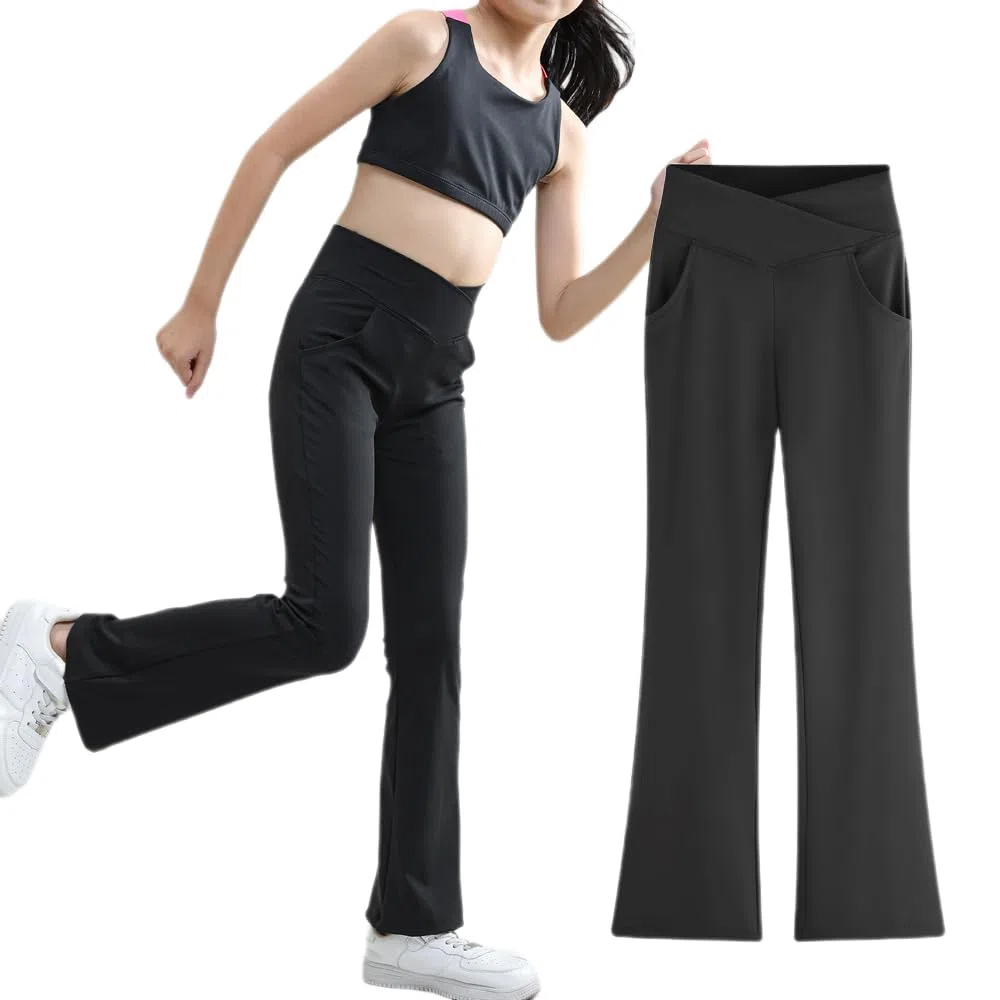Pantaloni da yoga da ragazza, leggings svasati, per allenamento, abbigliamento sportivo, tinta unita, per 5-12 anni