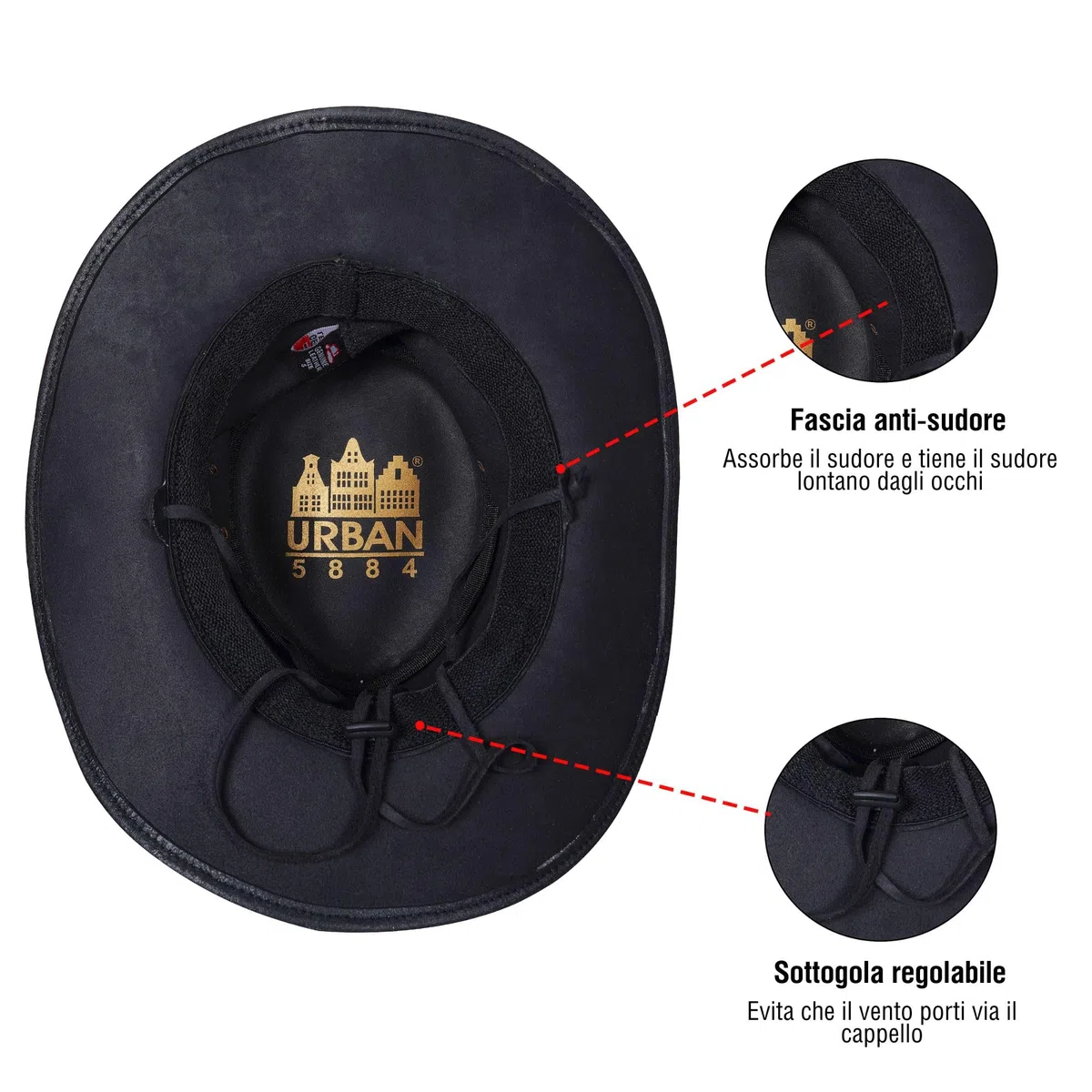 URBAN 5884 Cappello da Cowboy in Vera Pelle Plain, Cappello Western Uomo/Donna in Vera Pelle Bovina, Tesa Modellabile e Sottogola Regolabile