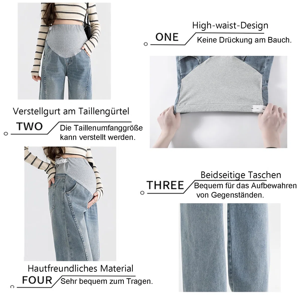 Jeans in gravidanza prima e dopo la nascita: stretta e larga, vestibilità larga, morbido denim con fascia regolabile – per donne sotto i 170 cm, con pratiche tasche