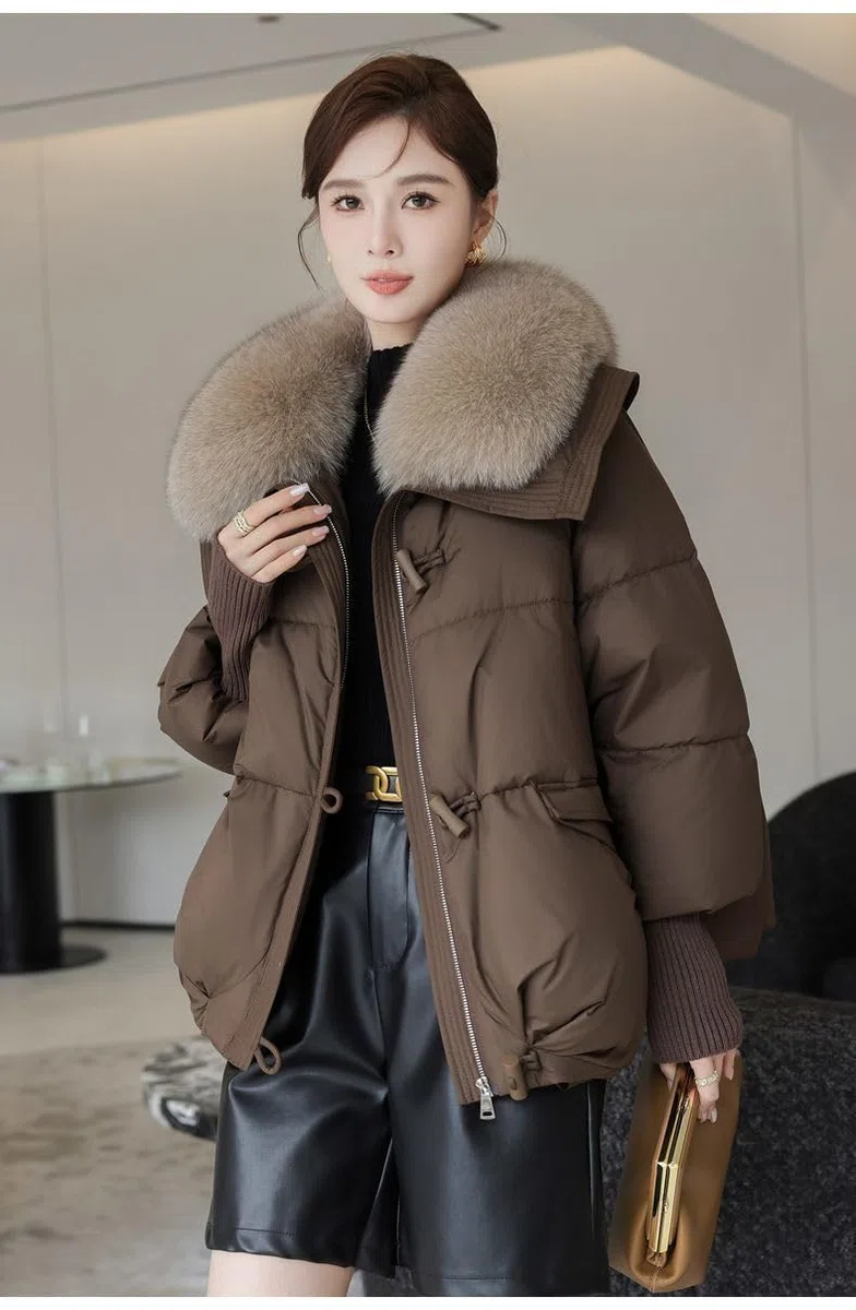 Donna Inverno Grande Collare Peloso Ispessito Piumino Corto Ispessito Parka Maniche a Maglia Sciarpa Cappotto Vento Neve Giacca Invernale Caldo Imbottito