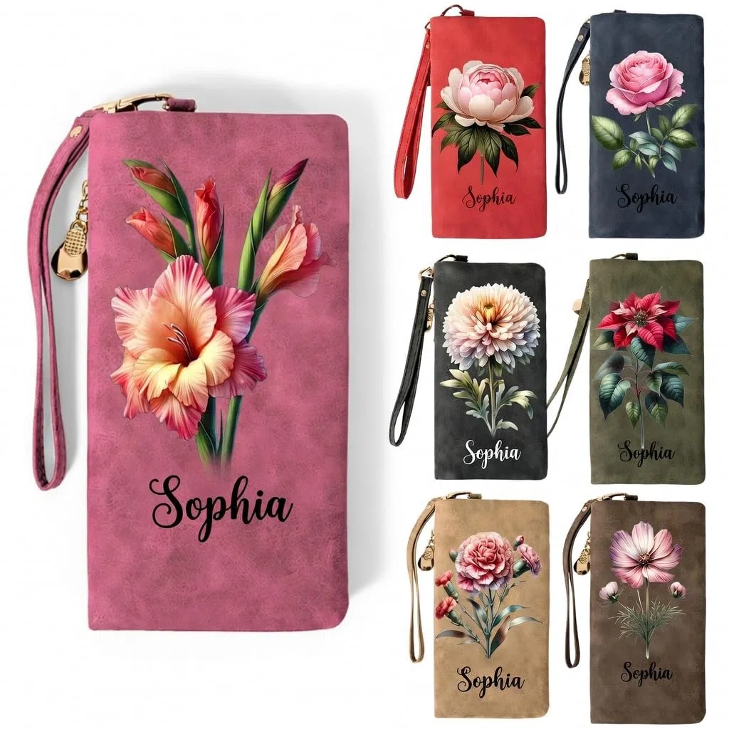VEELU Personalizzato Regalo Festa della Mamma, Portafoglio Donna Personalizzato con Nome e Fiore di Nascita, Idea Originali Regalo per Compleanno Anniversario Donna Mamma Moglie (M-1)