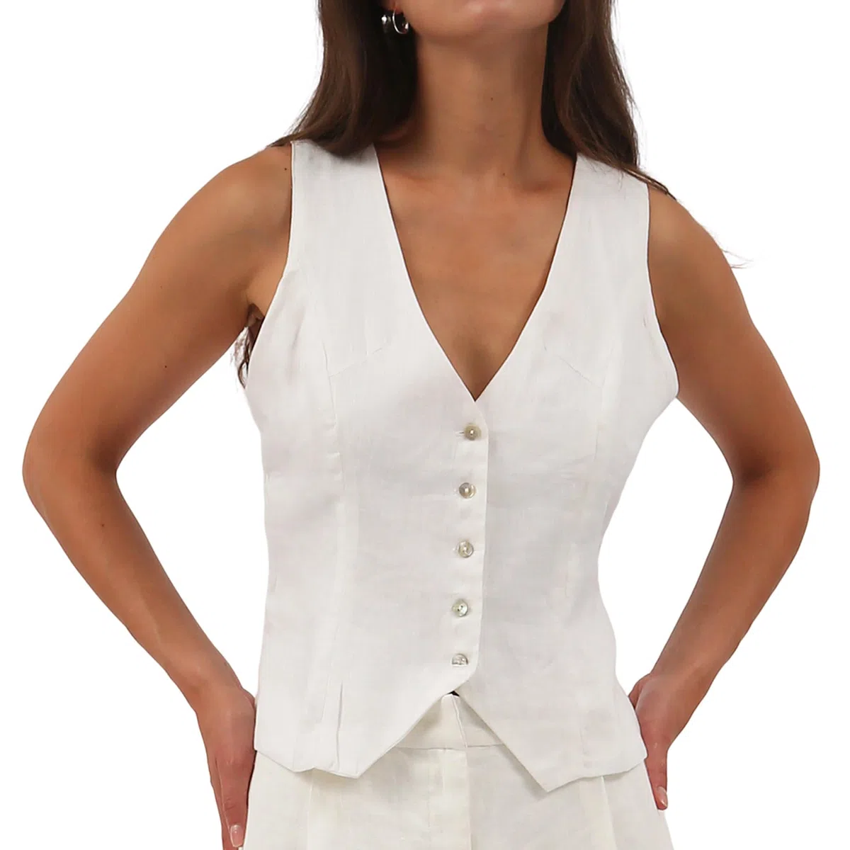 Amazhiyu Gilet da donna in lino, senza maniche, con scollo a V, corto, con bottoni, vestibilità aderente, cinghie regolabili
