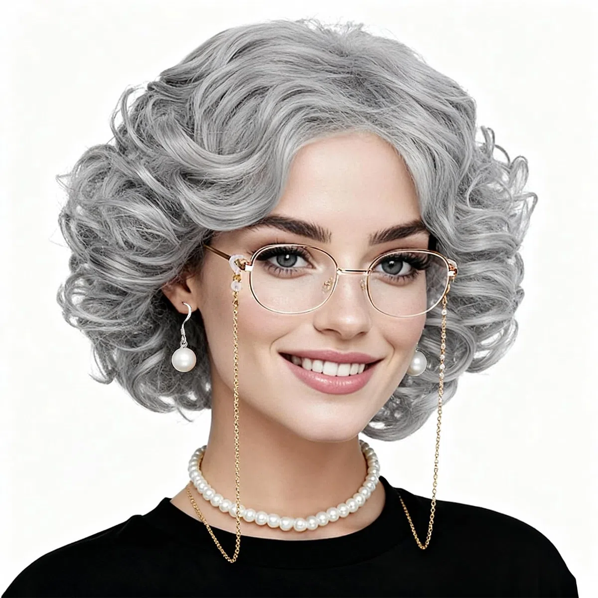 Set di 8 parrucche vecchie da donna, accessori per cosplay, collana di perle sintetiche e collane per occhiali, per Halloween, festa del libro del mondo, in maschera, carnevale