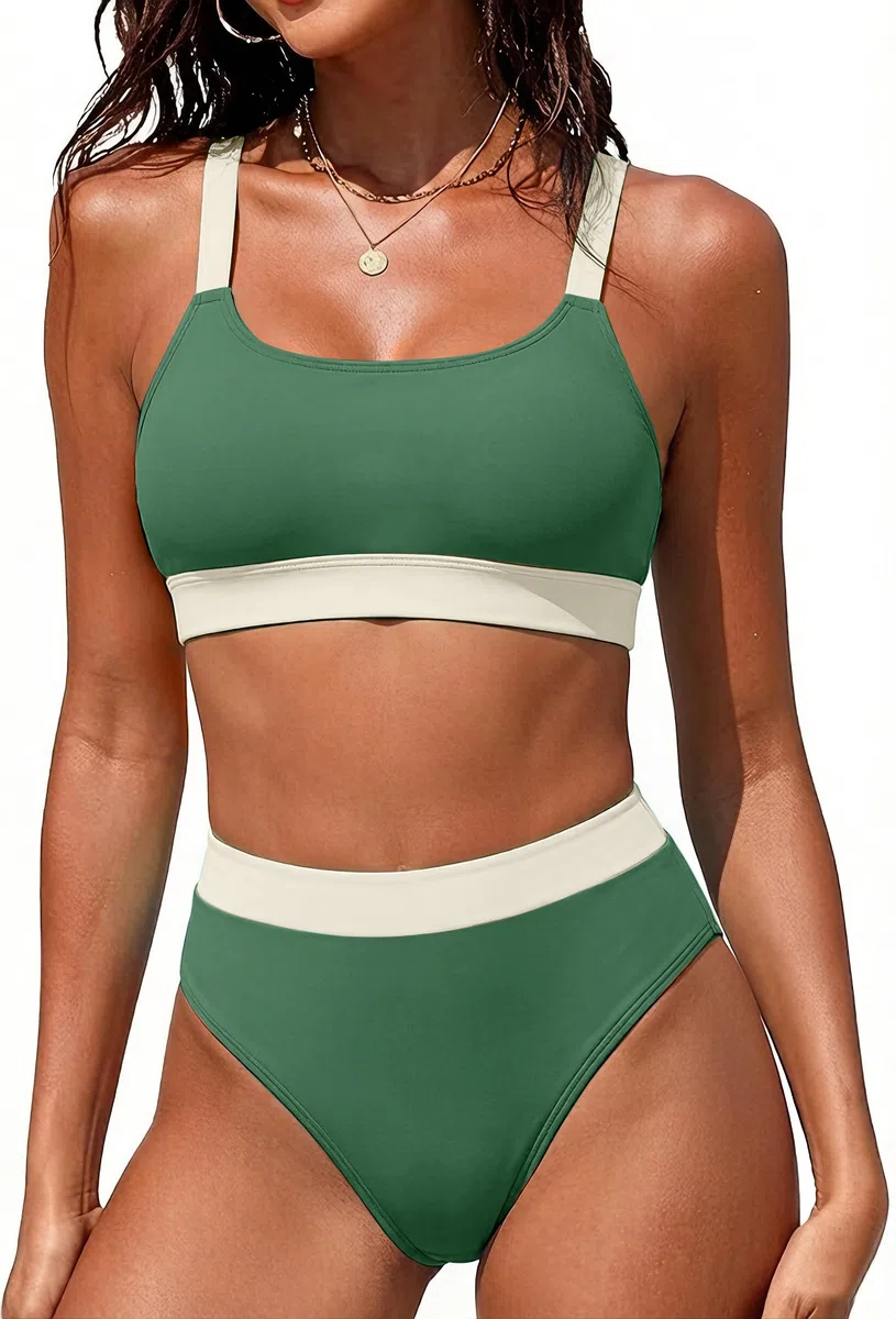ZINPRETTY Bikini a Vita Alta da Donna, Costume da Bagno Sportivo, Blocco di Colore, Costume da Bagno con Scollo Rotondo