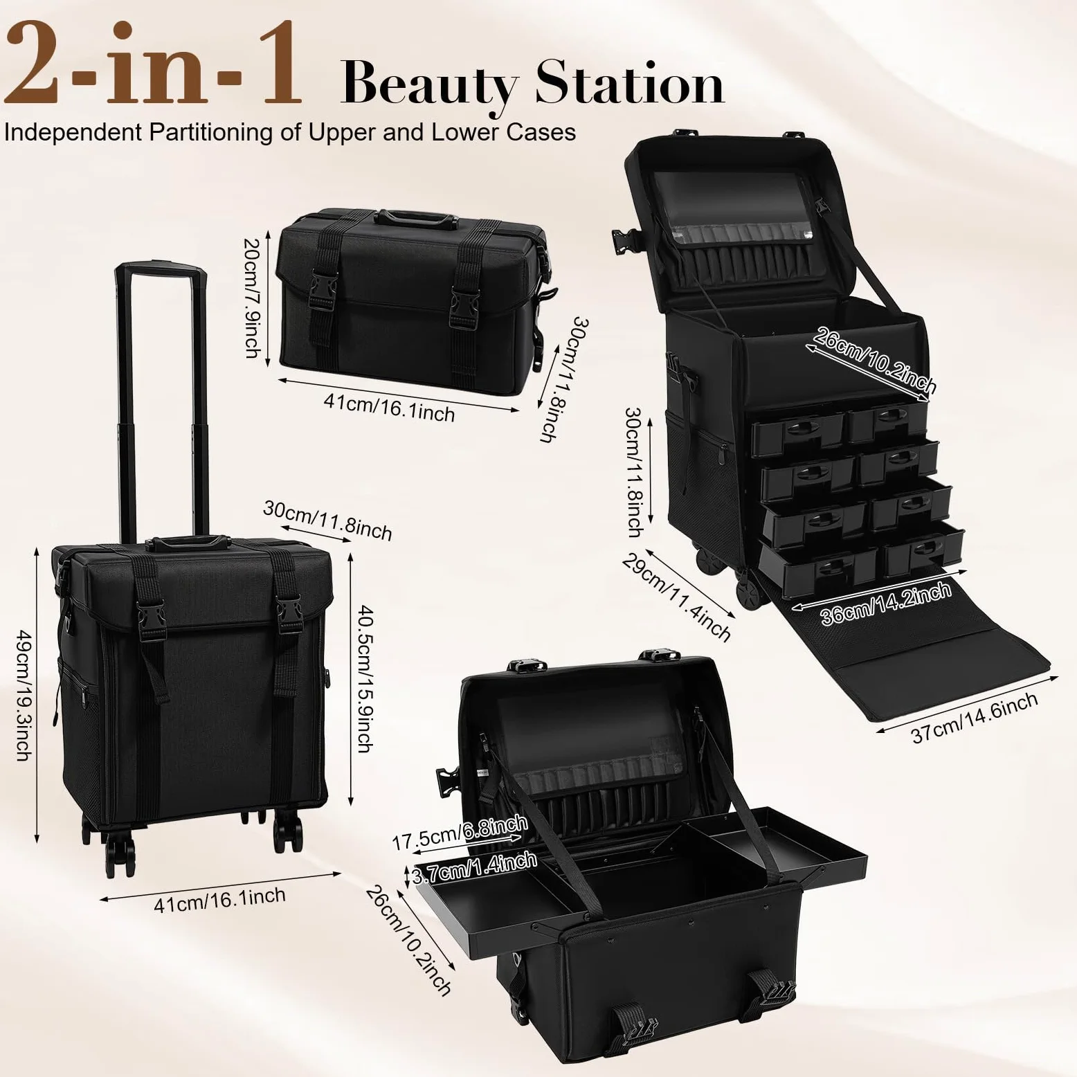 Valigetta cosmetica trolley 2 in 1 con 8 cassetti, grande trolley cosmetico con ruote, per trucchi, per viaggi, colore nero