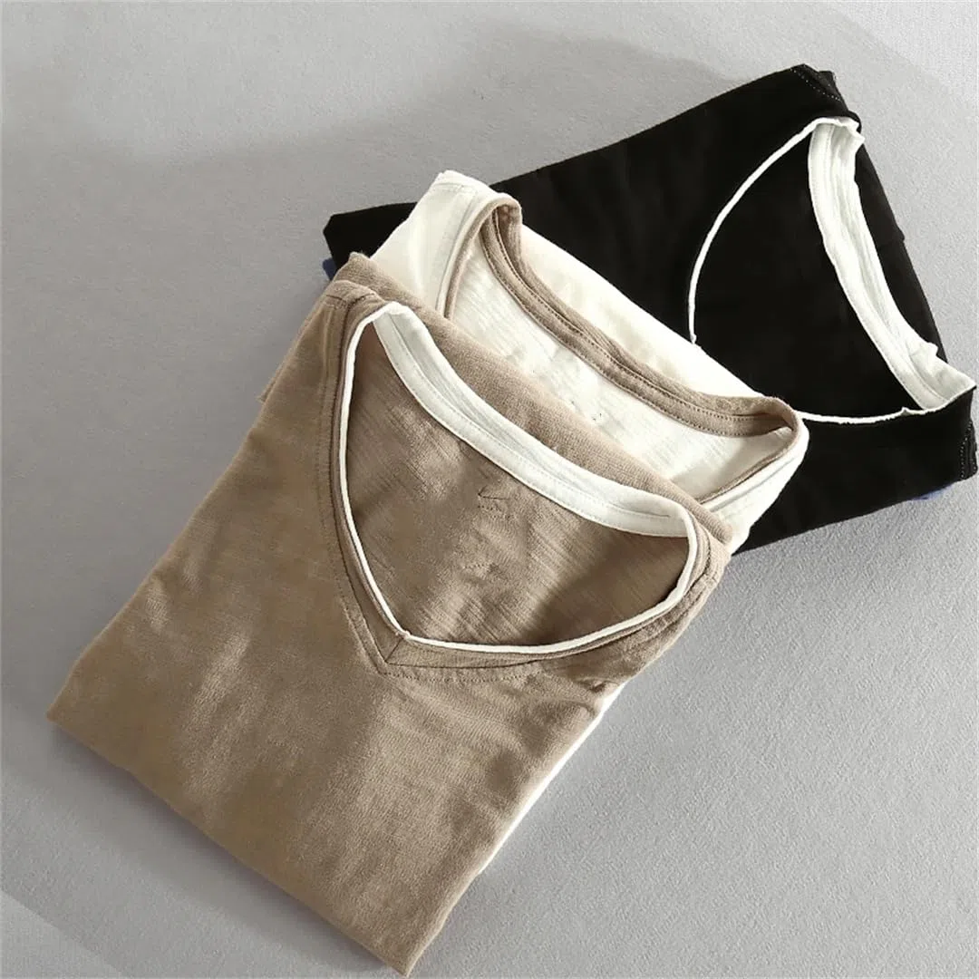 Maglietta da uomo in stile vintage con scollo a V, a maniche lunghe, look a strati, leggera, traspirante, traspirante
