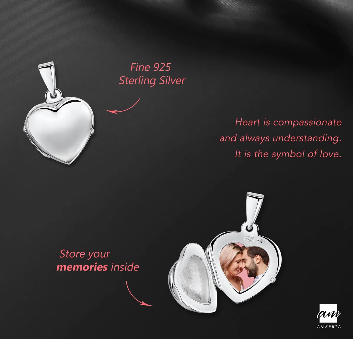 Amberta Medaglione in argento Sterling 925 con ciondolo in diverse forme, da donna, per foto e pietre preziose