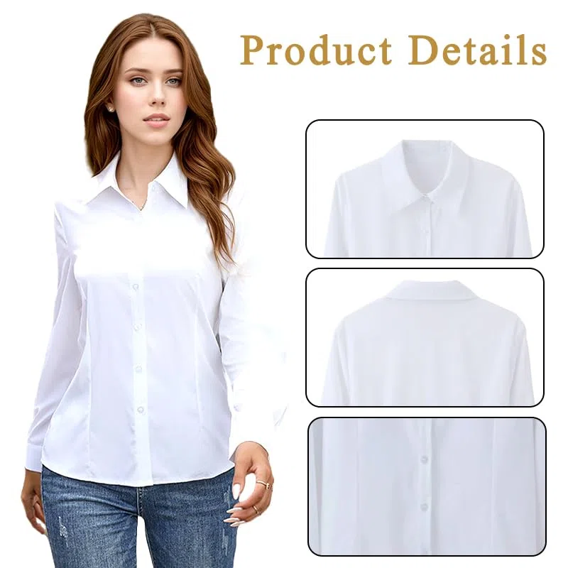 Camicie Bianche per Le Donne,Pulsante a Maniche Lunghe Top Casual,Tops Stretch di Base per I'ufficio