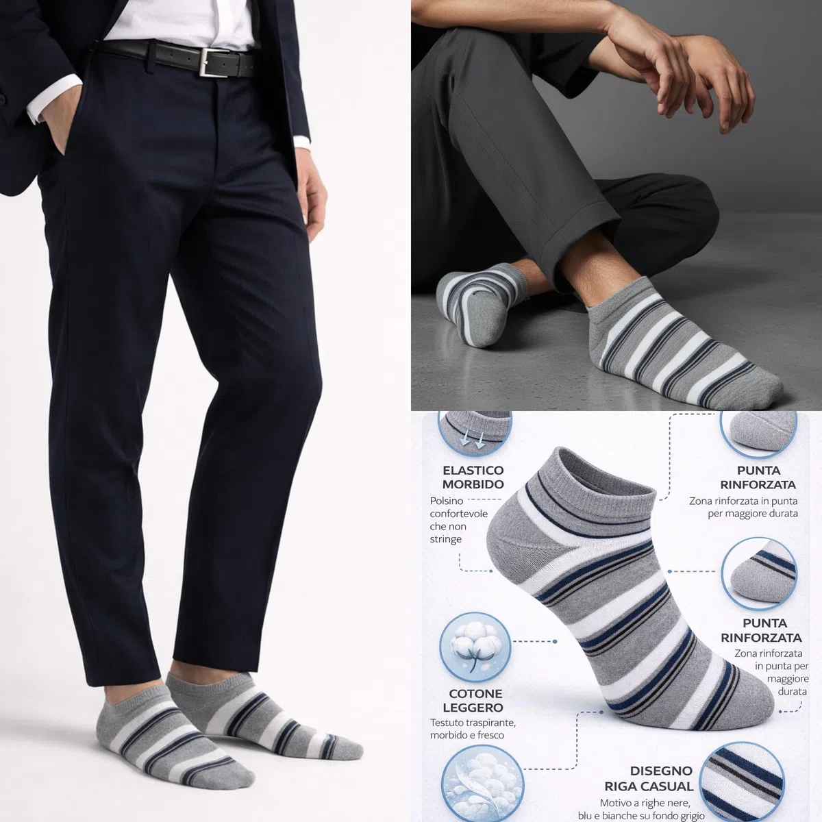 Lucchetti Socks Milano Fantasmini Cotone Uomo 6 Paia Fantasia Invisibili No Show, Calzini Bassi Leggeri e Traspiranti in Cotone Morbido per Sneakers