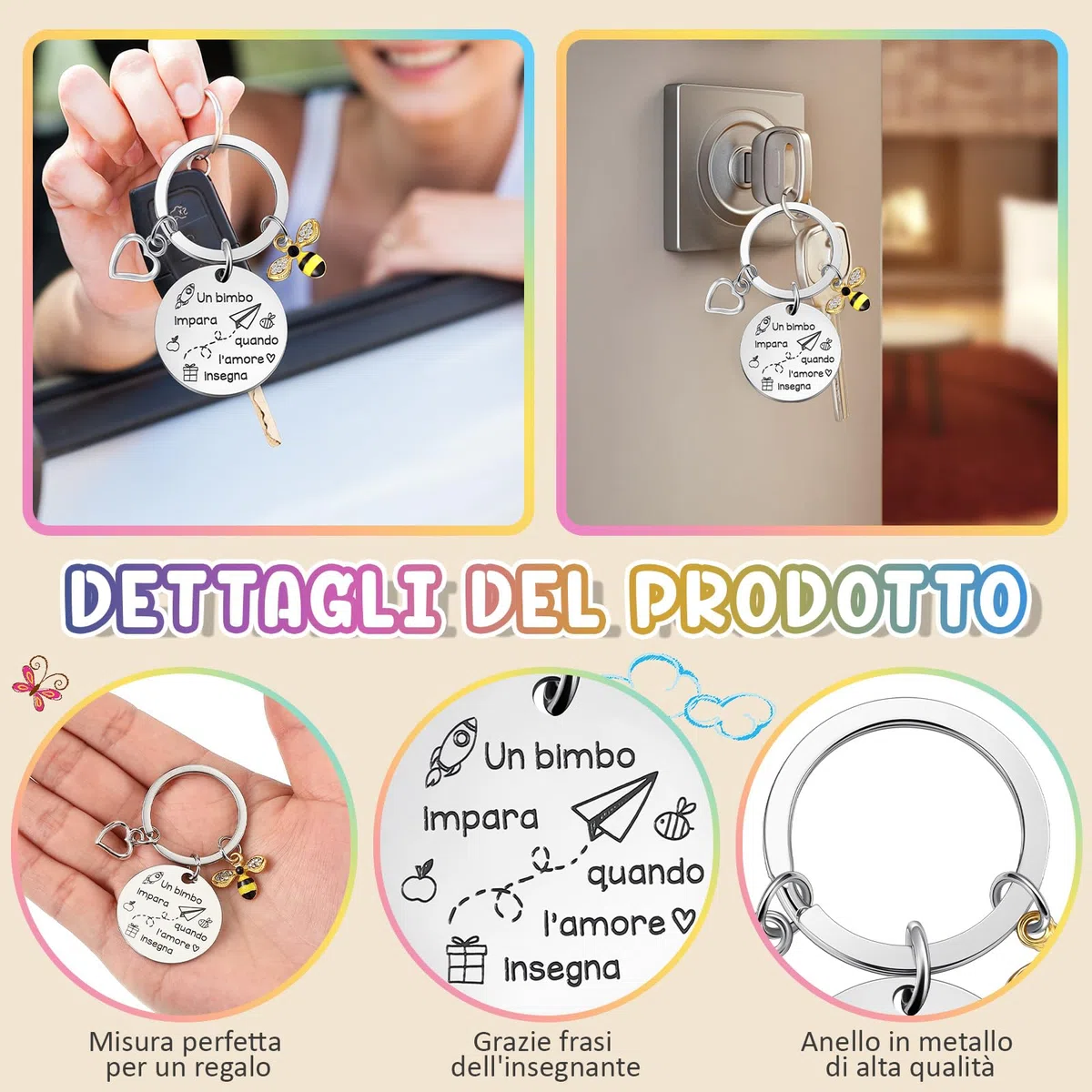 Clabby 6 Sets Idee Regali Maestre di Fine Anno Regalo per Insegnante 6 Portachiavi Insegnanti 6 Biglietti d'Auguri di Arcobaleno 6 Buste per Laurea Asilo Scuola Elementare Professoressa
