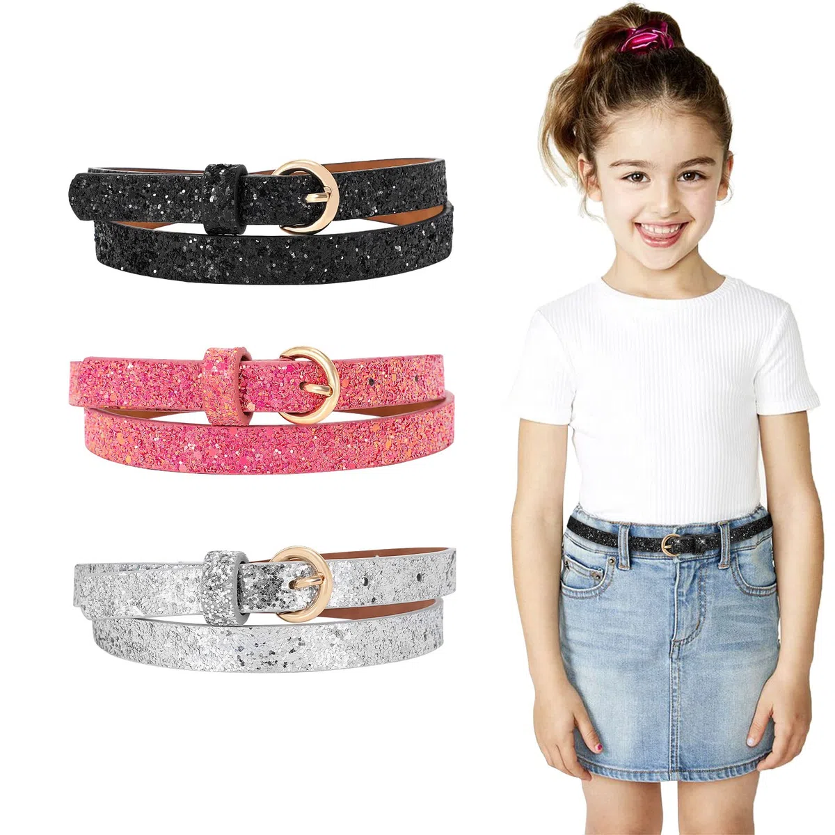 WERFORU Cintura skinny per bambini con glitter in pelle PU cintura per ragazze colorate con fibbia in oro per abiti jeans