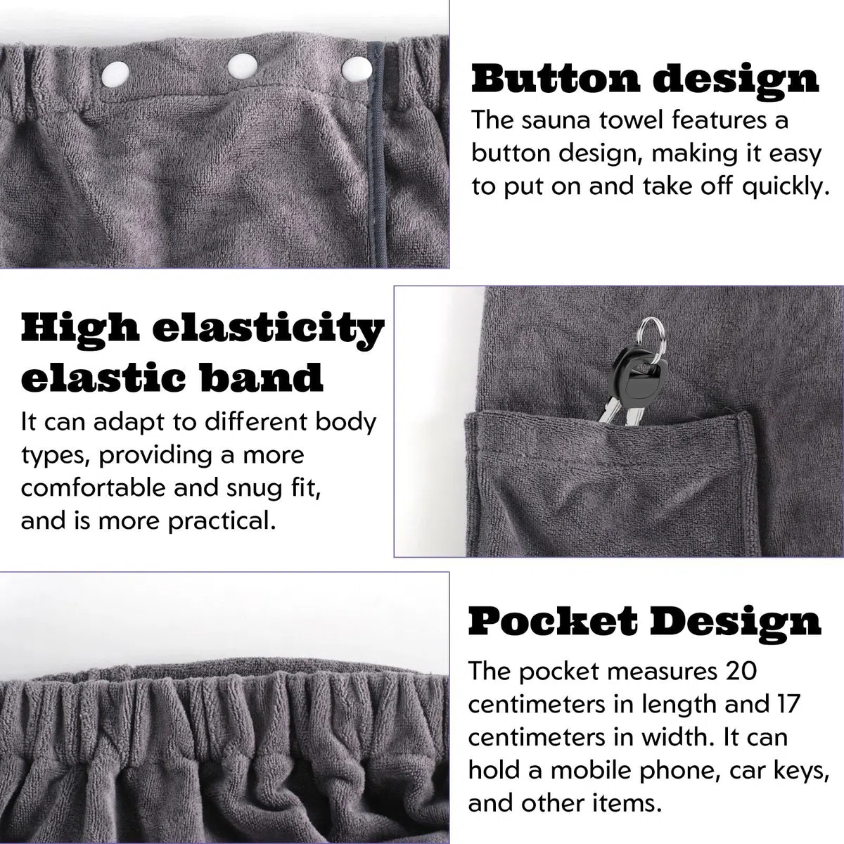 Kilt da Sauna Donna Morbido Sulla Pelle e Assorbente Asciugamano da Sauna con Bottoni Tasche e Elastico Accappatoio da Sauna Chiaro Accessorio Spa (Grigio)
