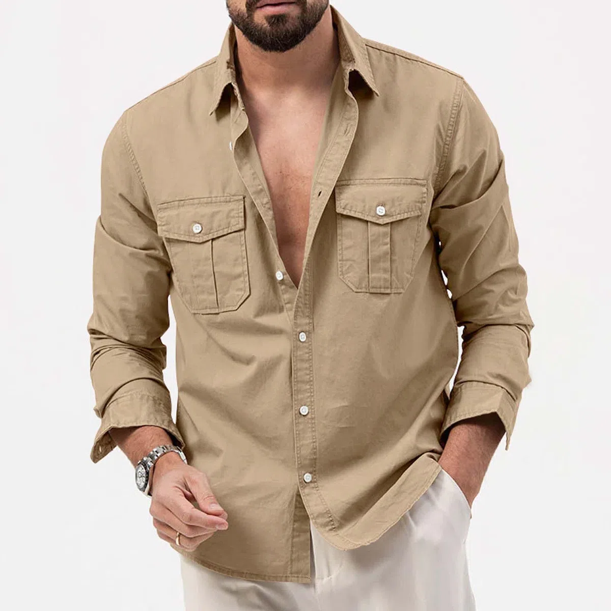 Camicia Safari Uomo a Maniche Lunghe - Casual Loose Stile tattico Cargo, Workwear all'aperto Leggero, a Bottoni per Hiking e Viaggi