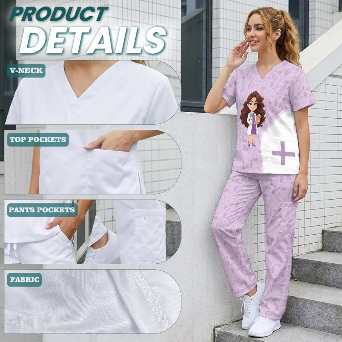 Set di scrub da donna con stampa medica, taglie forti, traspirante, slim fit, scrub medico per infermieri, veterinari tecnici e personale pediatrico, viola