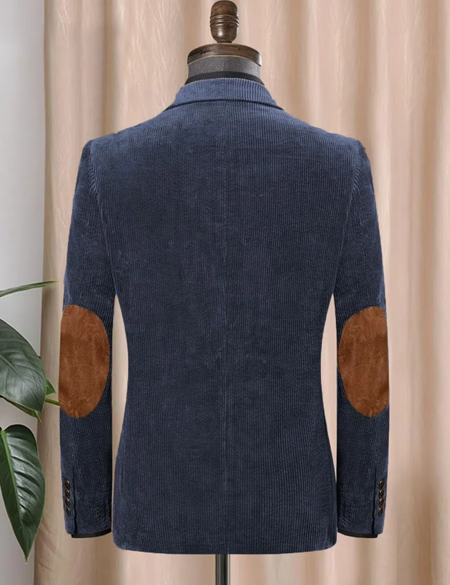 Giacca blazer in velluto a coste con toppa sul gomito, slim fit, da uomo, vintage, monopetto, per balli di fine anno e matrimoni