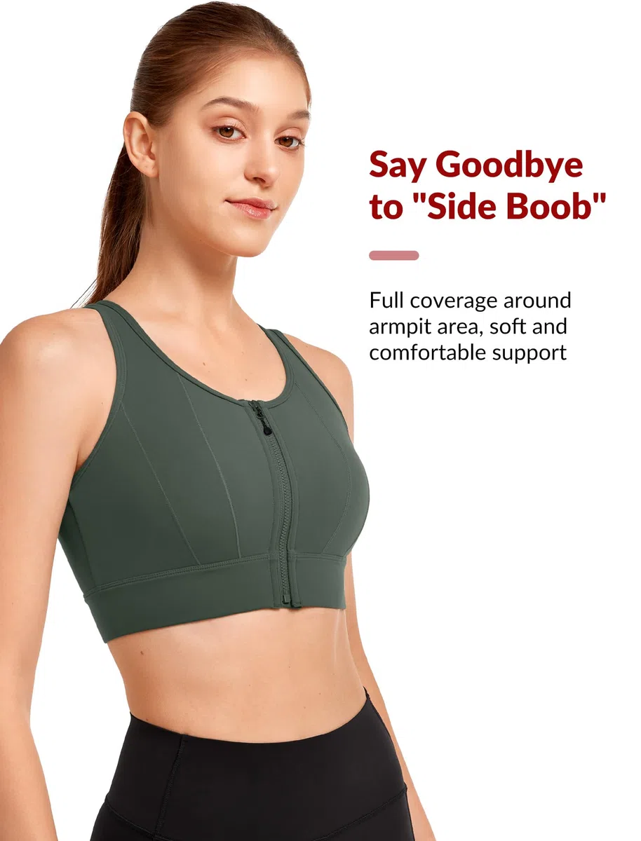 Yvette Reggiseno sportivo con chiusura frontale per le donne ad alto supporto grande busto di supporto reggiseno sportivo ad alto impatto per la corsa, verde scuro, S