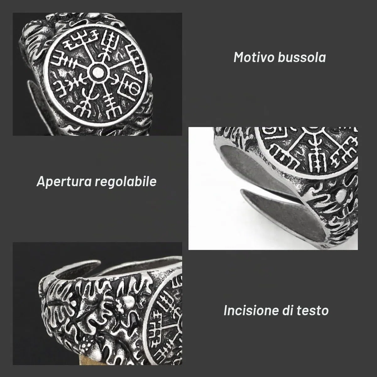 Anello Viking da uomo con apertura regolabile, motivo bussola, incisione con testo, gioielli retrò punk hip hop gotici unisex vintage, regalo di compleanno/Natale per uomini e ragazzi