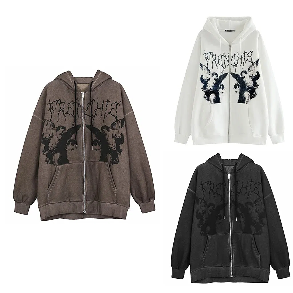Felpa con cappuccio da donna, a maniche lunghe, con stampa gotica, punk, angelo, oversize, con cerniera, stile hip hop