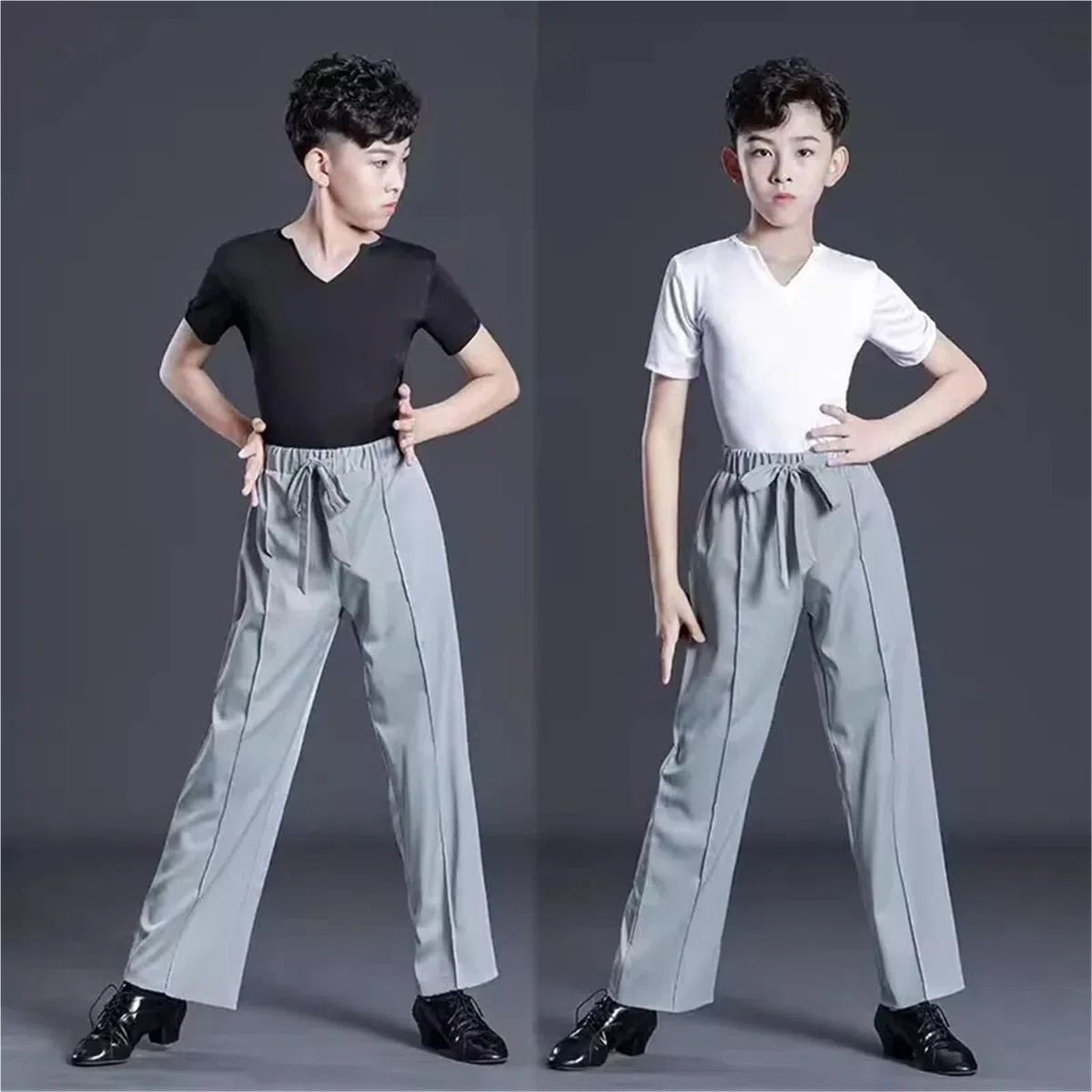 Pantaloni Uomo Eleganti Set Da Ballo Latino For Bambini, Azzurro Chiaro, Abbigliamento For Balli Latino For Bambini, Abbigliamento For Balli Rumba/cha Cha/samba, Pantaloni Neri Con Lacci(160CM,Pant 2)