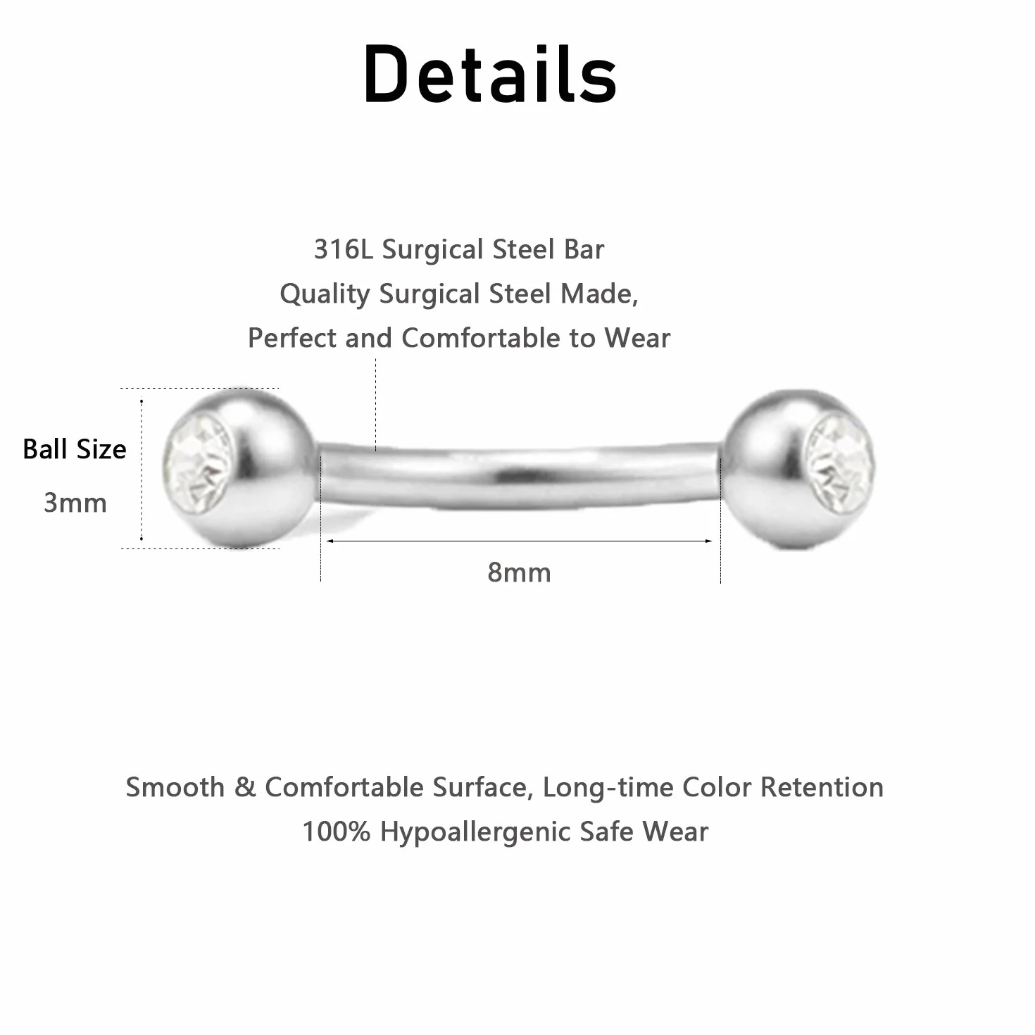 MODRSA Acciaio Chirurgico Piercing 16G - Labbro, Sopracciglia, Ombelico, Anello Helix, Cartilagine Orecchini, Bananen Bar - 6 Pezzi Curvo Barbell