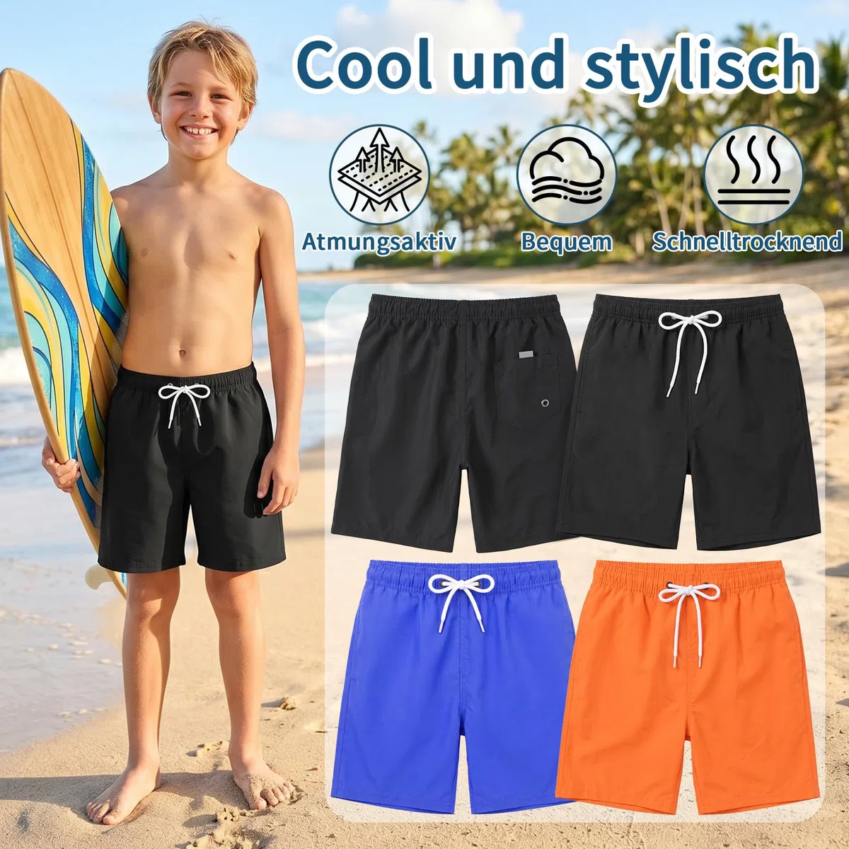Pantaloni da nuoto e da spiaggia con fodera in rete, ad asciugatura rapida, colore nero blu, per bambini dai 6 ai 13 anni