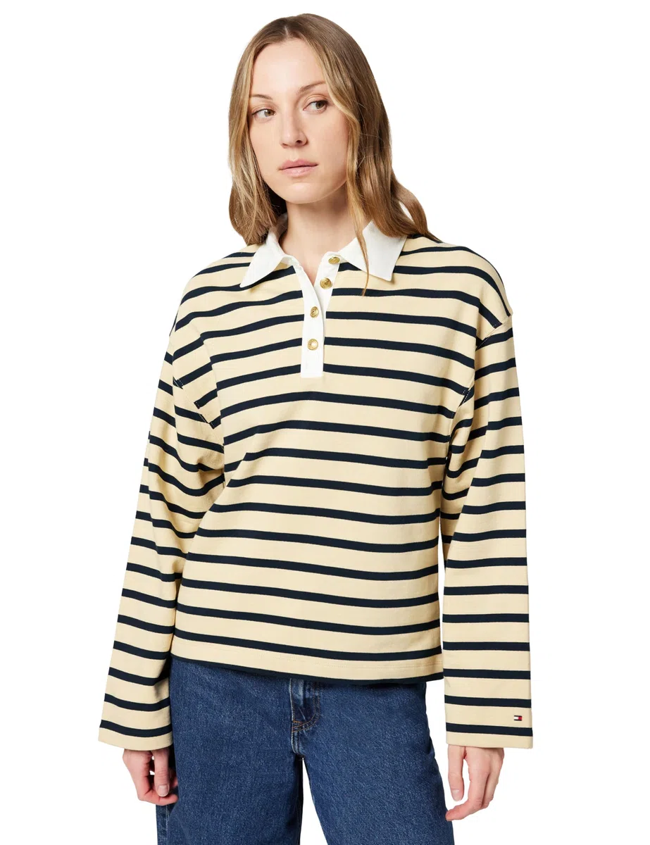 Tommy Hilfiger Donna Pullover Gold Button Rugby Terry con Colletto a Punta