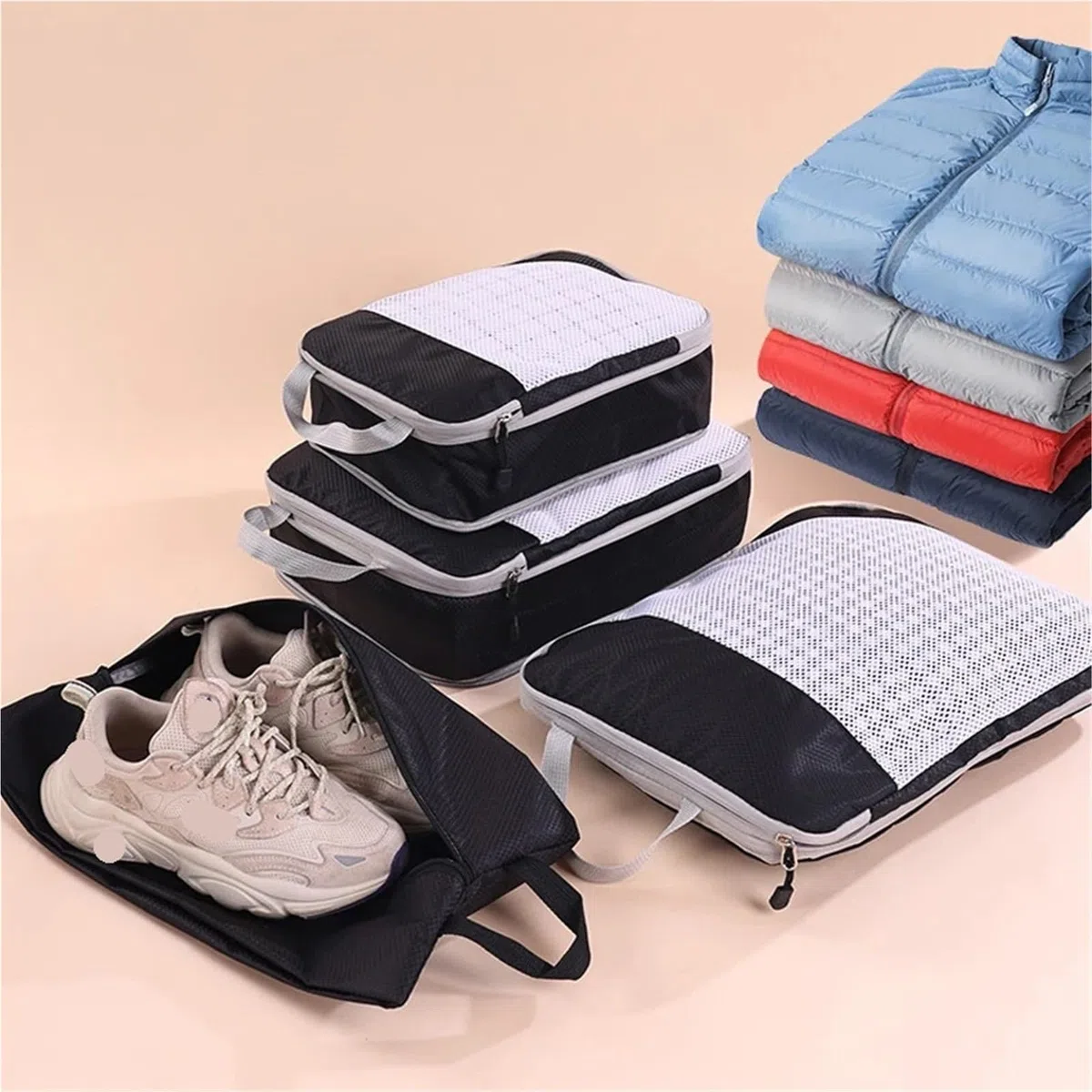 Set da 4 cubi viaggio salvaspazio for vestiti, calzini, organizer a compressione, borsa portatile for scarpe Organizer per valigie(Darkblue-A)