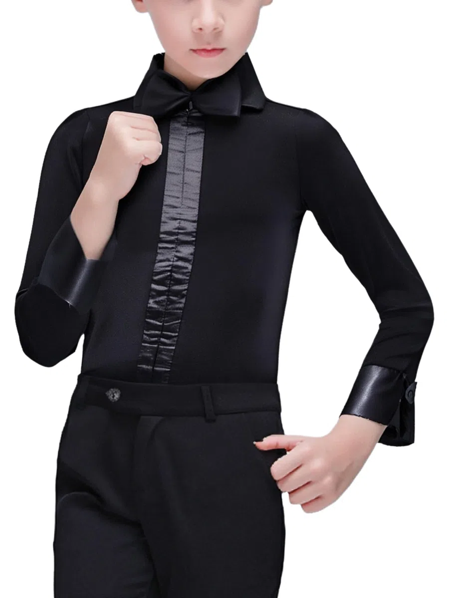 Giovani Body da Ballo Latino Camicia da Ballo A Maniche Lunghe Revers Body con Farfallino Bambini Salsa Tango Sala Abbigliamento Danza Moderna