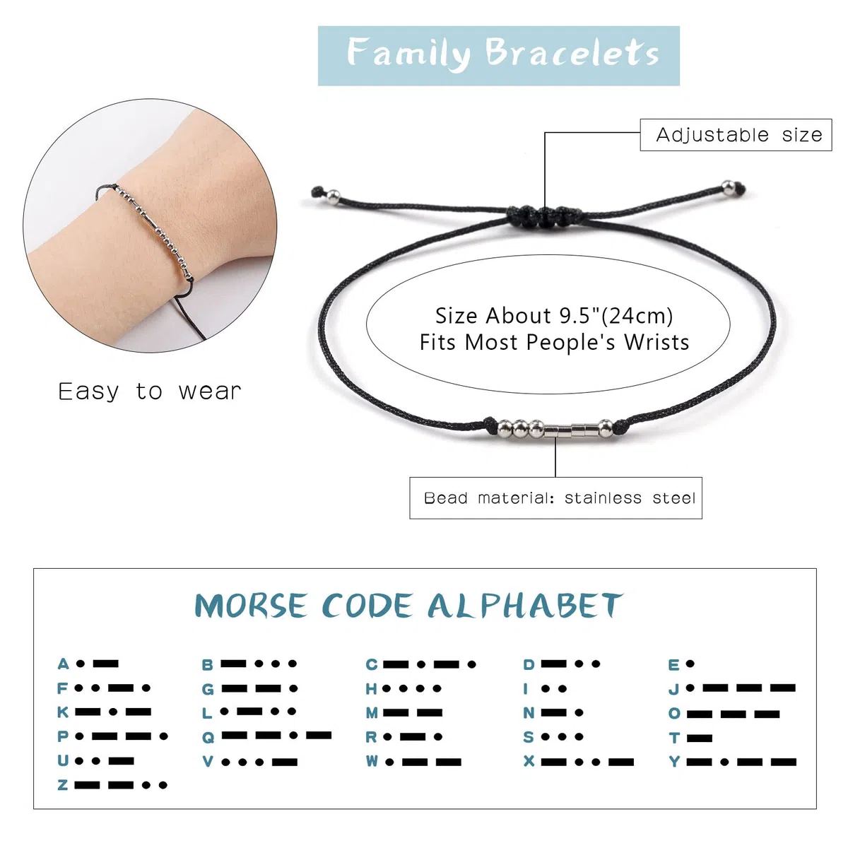 VU100 2/3/4 Codice Morse Bracciale Set Regalo Festa del Papà Regalo Gioielli Fatti A Mano Formato Regolabile Fatto A Mano per Papà Mamma Figlio Figlia Famiglia