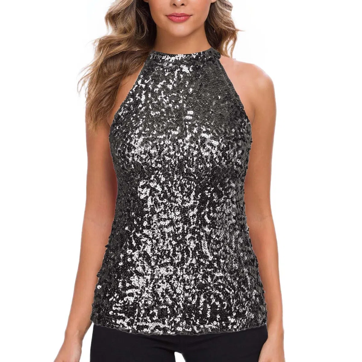 Top da donna con paillette, sexy, senza maniche, con scollo a V, elegante, canotta con brillantini, per carnevale, Capodanno