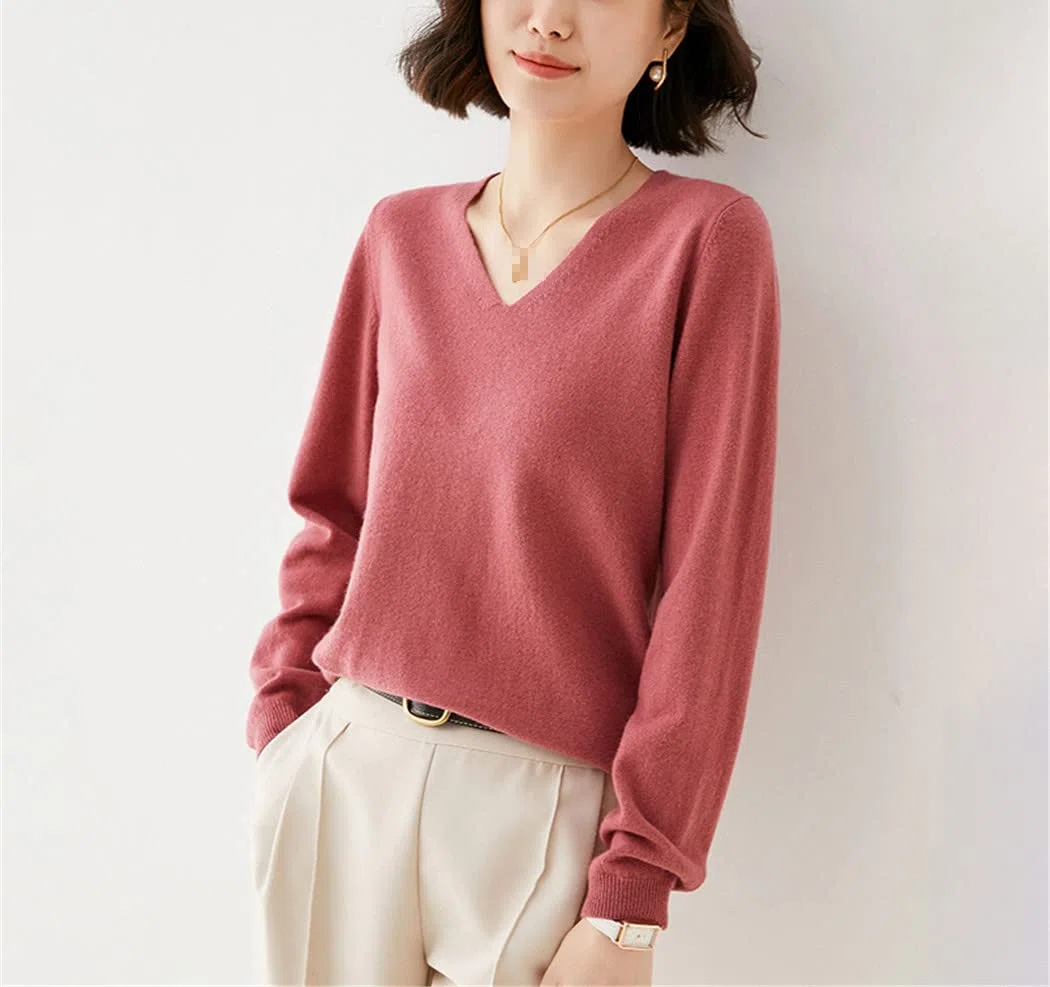Maglione lavorato a maglia All-Match con scollo a V in lana da donna autunno inverno, Beige, XL