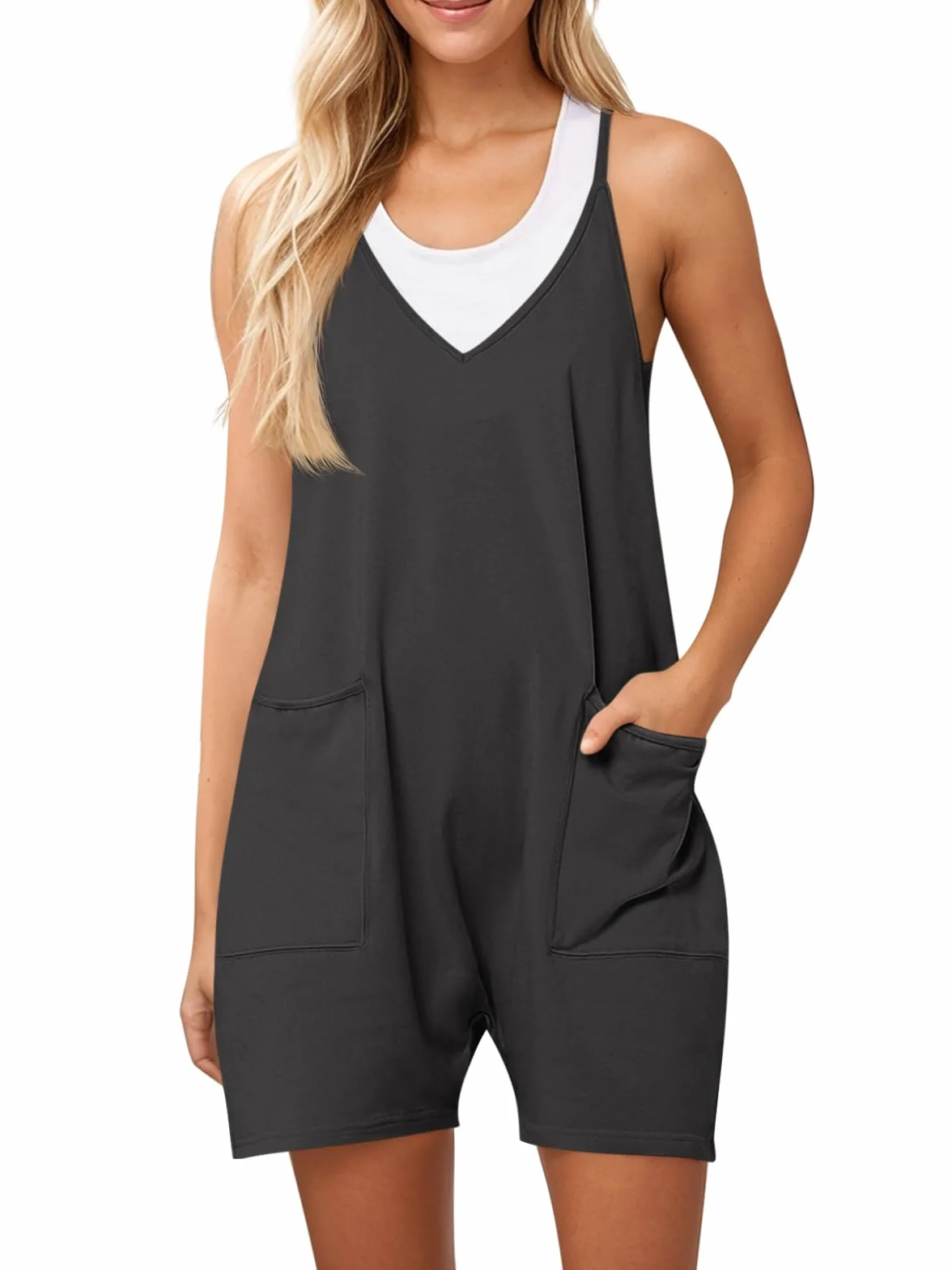 Ebifin Salopette da donna, pantaloni corti da lavoro, estivi, senza maniche, con grandi tasche.