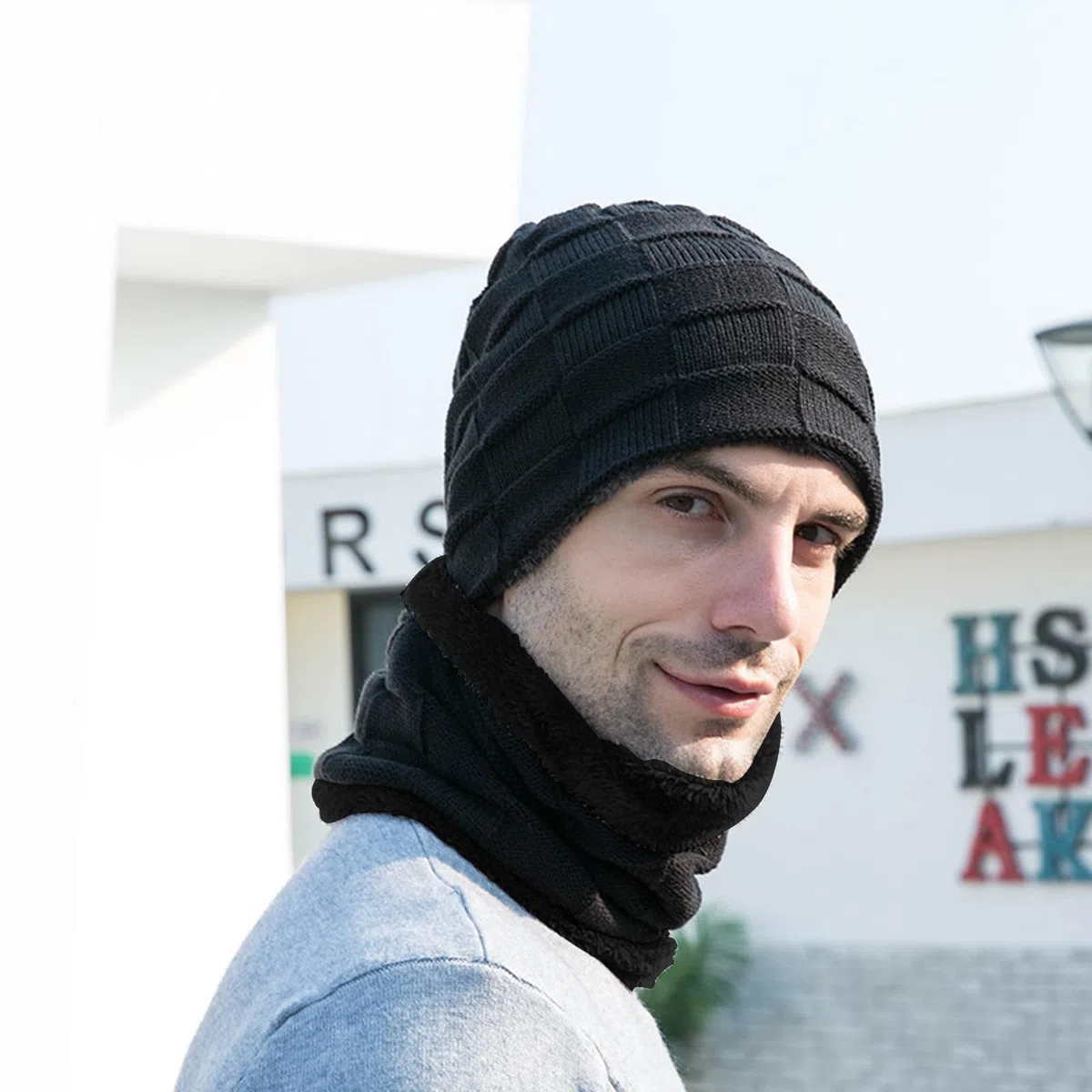 Nero Set Sciarpa e Cappello Uomo Donna, Elastico Set Guanti Cappello e Sciarpa, Inverno Berretto + Moda Scaldacollo + Guanti per Touchscreen, Classico Set di Guanti per Cappello