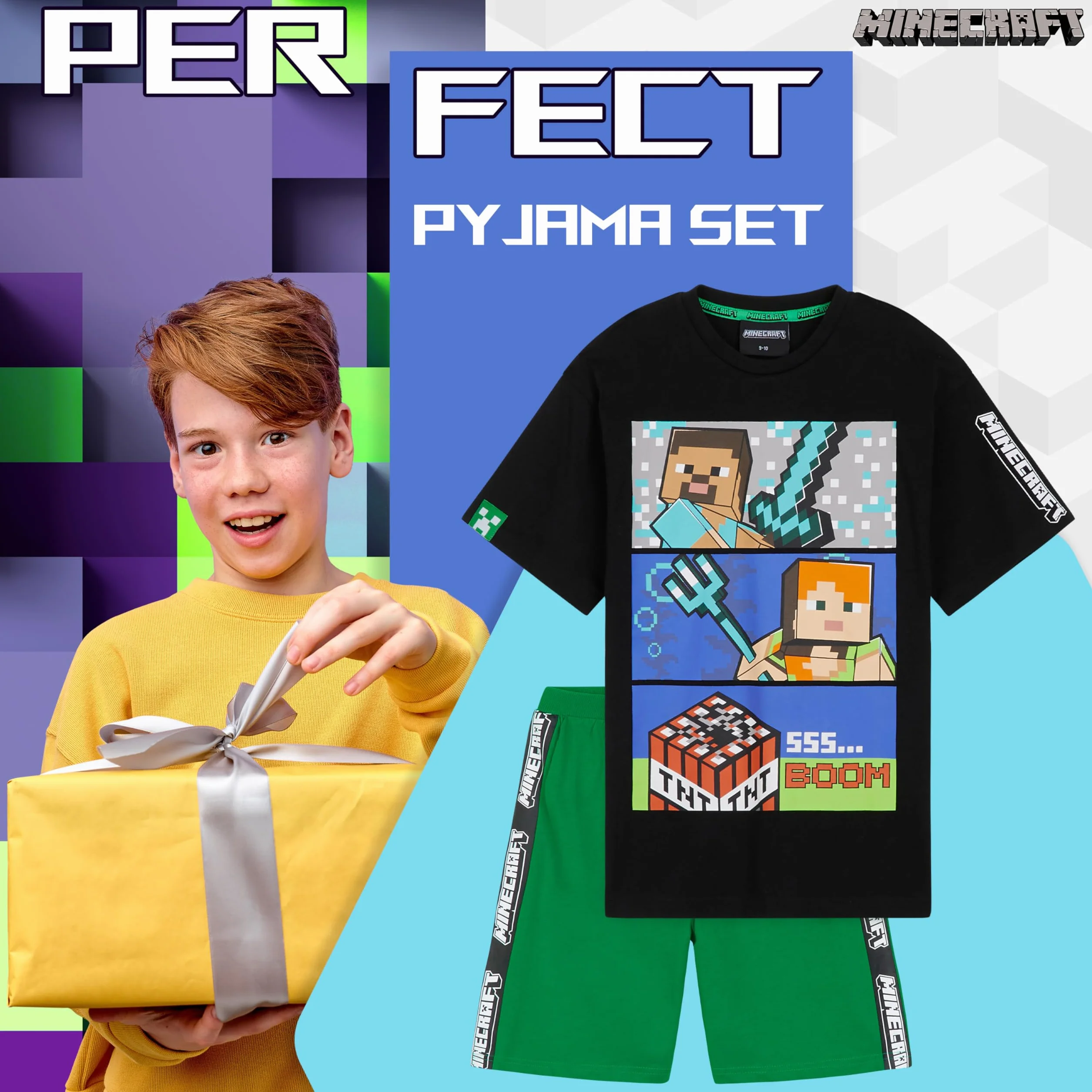 MINECRAFT Pigiama Ragazzo Cotone Estivo, 5-14 Anni, Morbido Creeper Pigiama Maniche Corte Bambino, Gamer Regalo Ragazzo