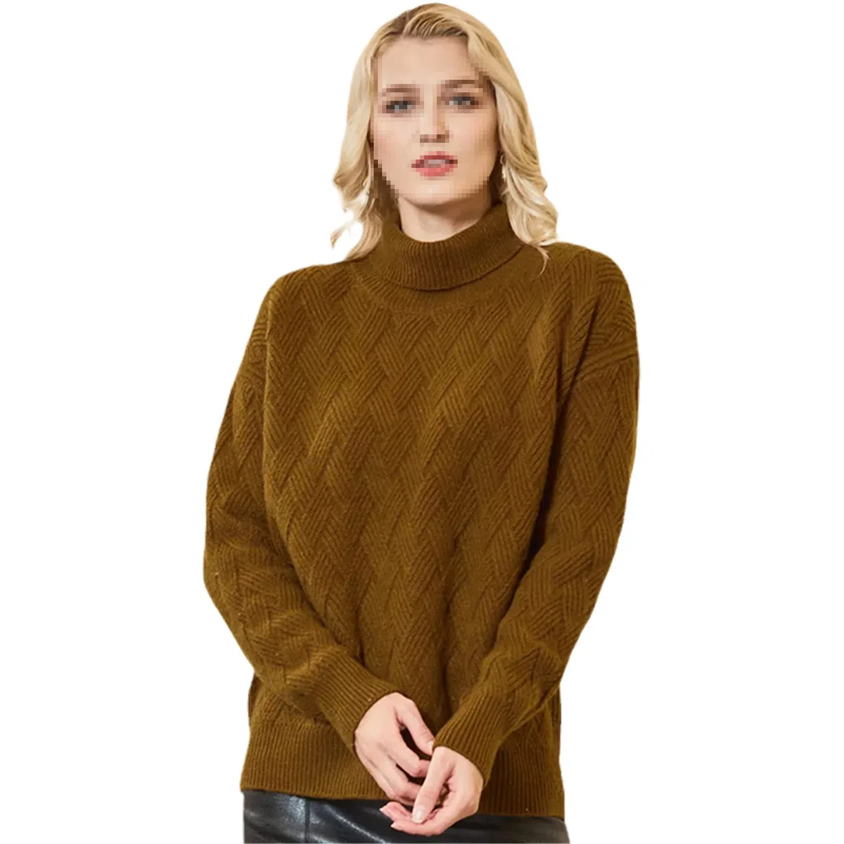 Maglione da donna a collo alto in lana e lana calda, maglione lavorato a maglia, Marrone, M