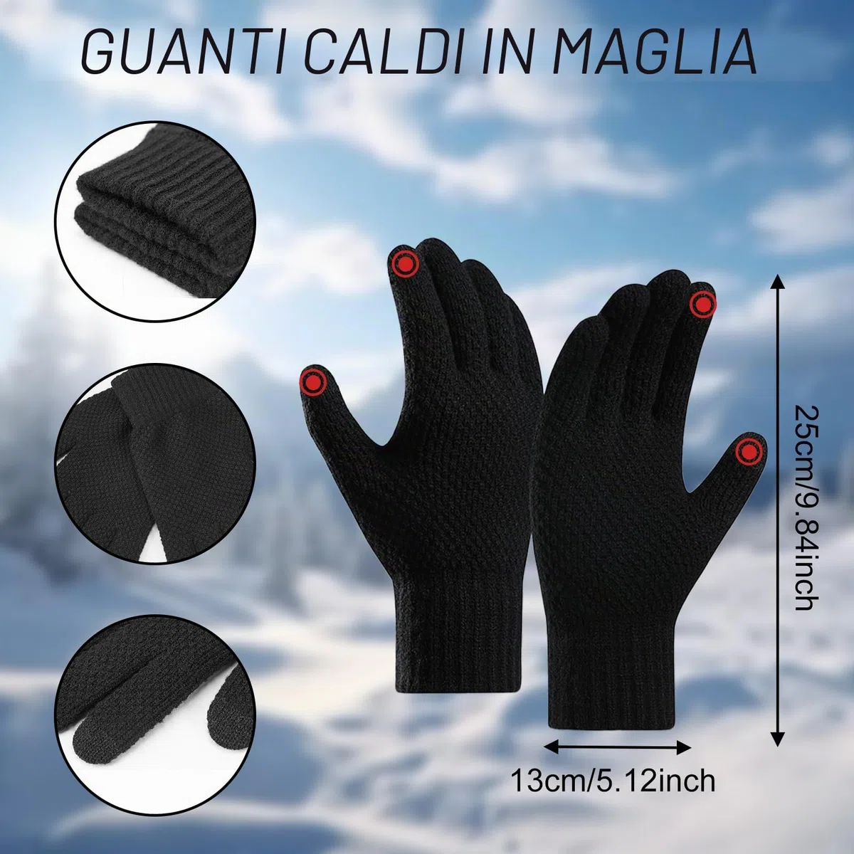 Nero Set Sciarpa e Cappello Uomo Donna, Elastico Set Guanti Cappello e Sciarpa, Inverno Berretto + Moda Scaldacollo + Guanti per Touchscreen, Classico Set di Guanti per Cappello
