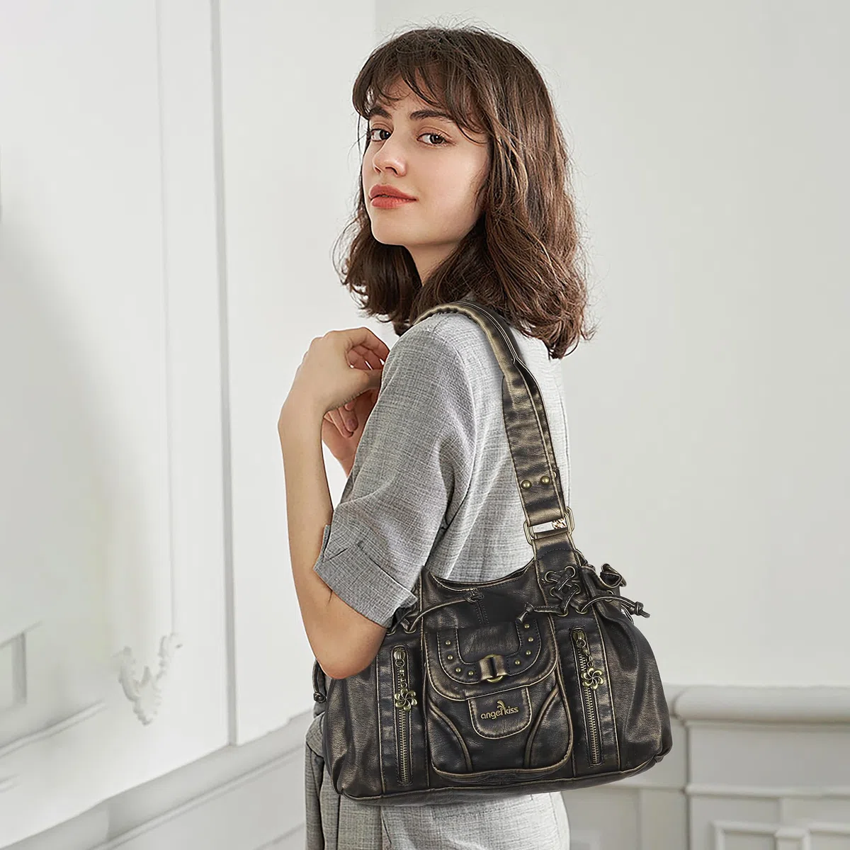 Angel Kiss Piccola borsa hobo da donna in pelle lavata retrò borsa a tracolla spaziosa con manici superiori borse con tracolla rimovibile