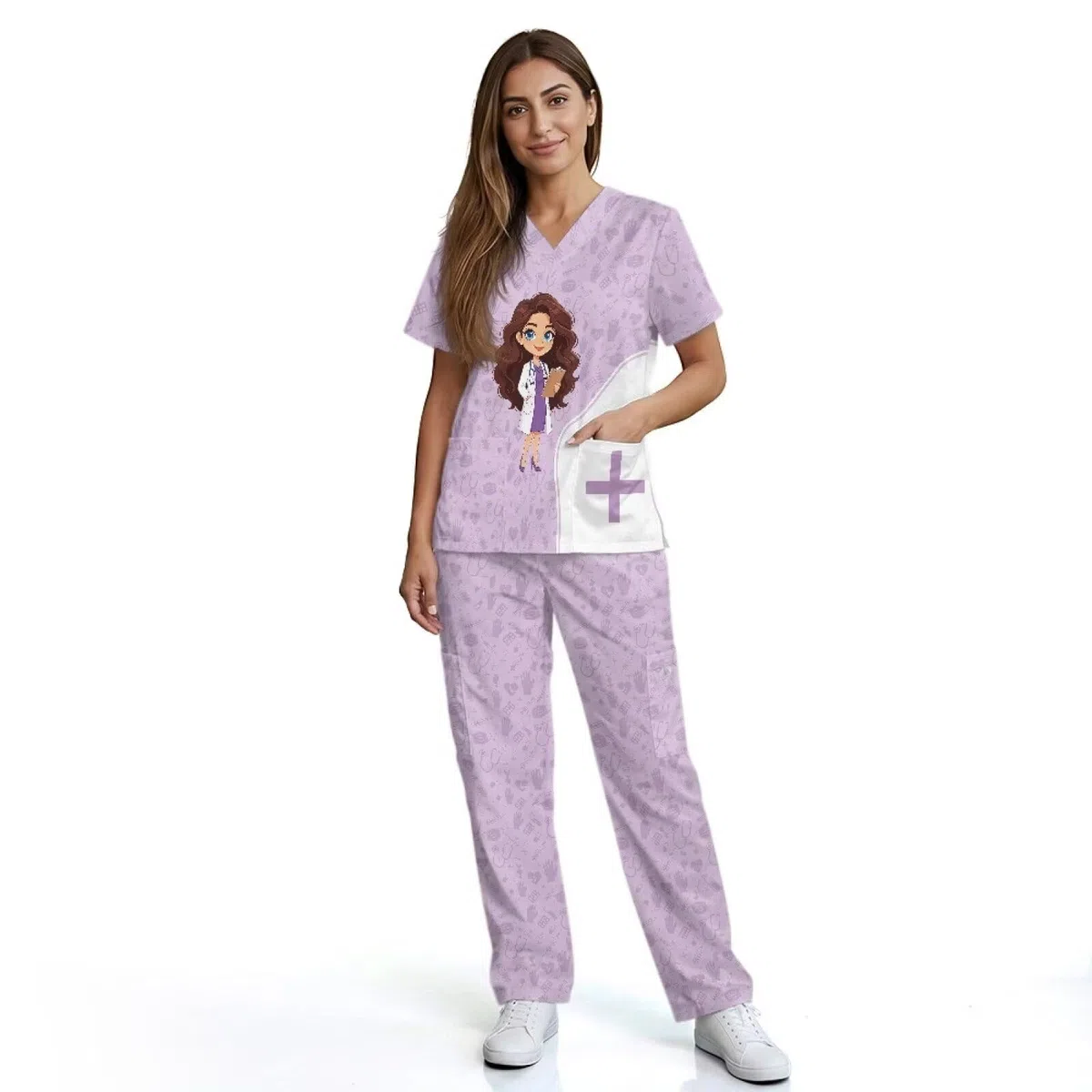 Set di scrub da donna con stampa medica, taglie forti, traspirante, slim fit, scrub medico per infermieri, veterinari tecnici e personale pediatrico, viola