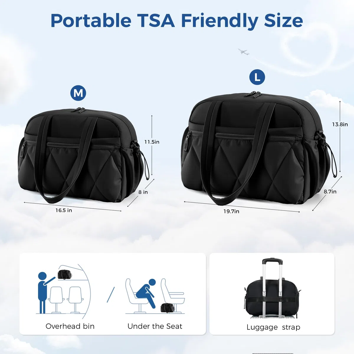 Borsone da Viaggio Puffer per Donna Uomo, Borsa Palestra con Scomparto Scarpe e Borsa Bagnata in PVC, Borsoni Bagaglio a Mano, Borse Tracolla Leggero per Ospedale Weekend Sportiva, Nero