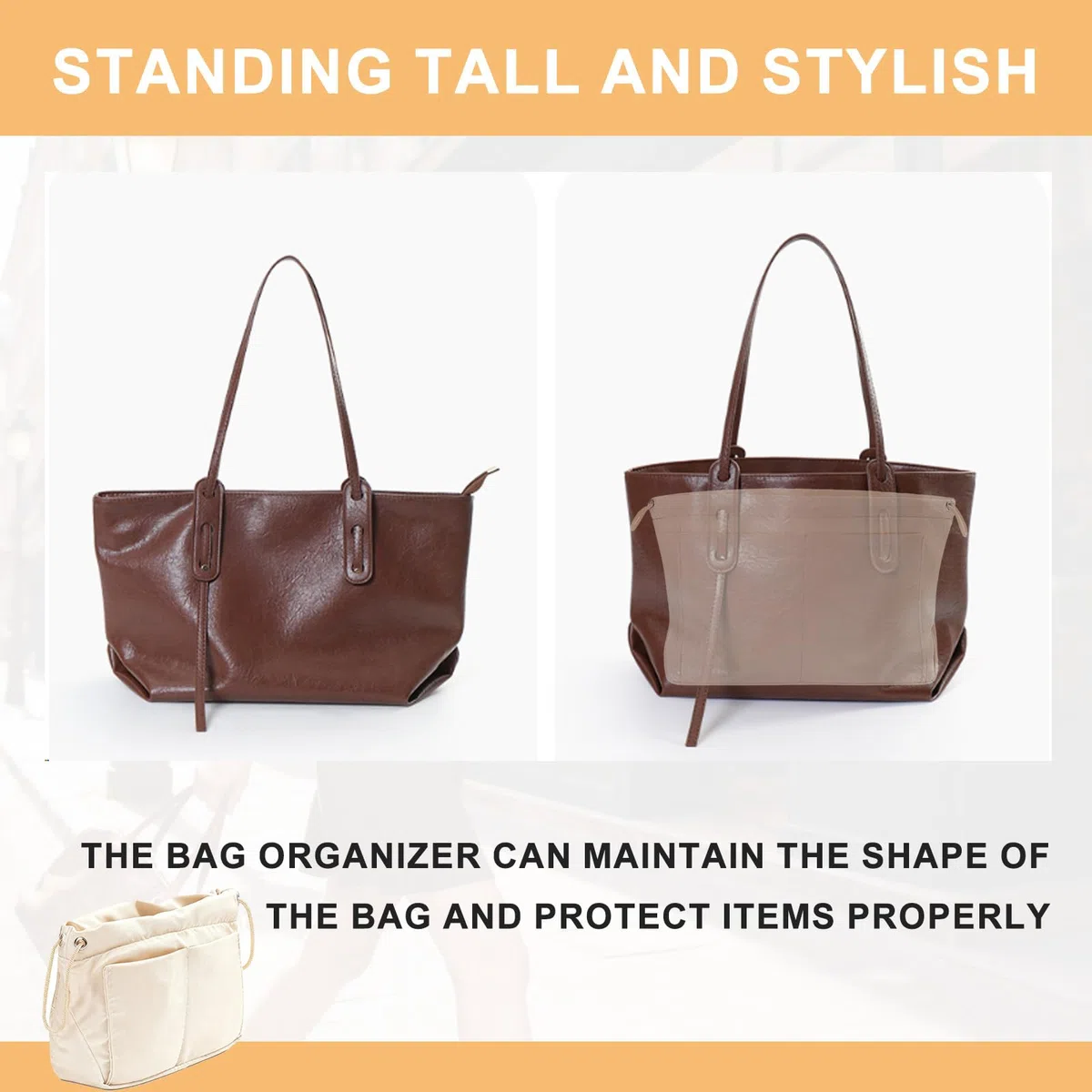 Organizer Borsa Donna, Interno Organizer Borse con Scomparti Multipli e Zip, Organizzatore per Telefoni Cellulari Chiavi Rossetto Tazze d'Acqua Bicchieri, Raso Beige 24 * 17 * 10CM