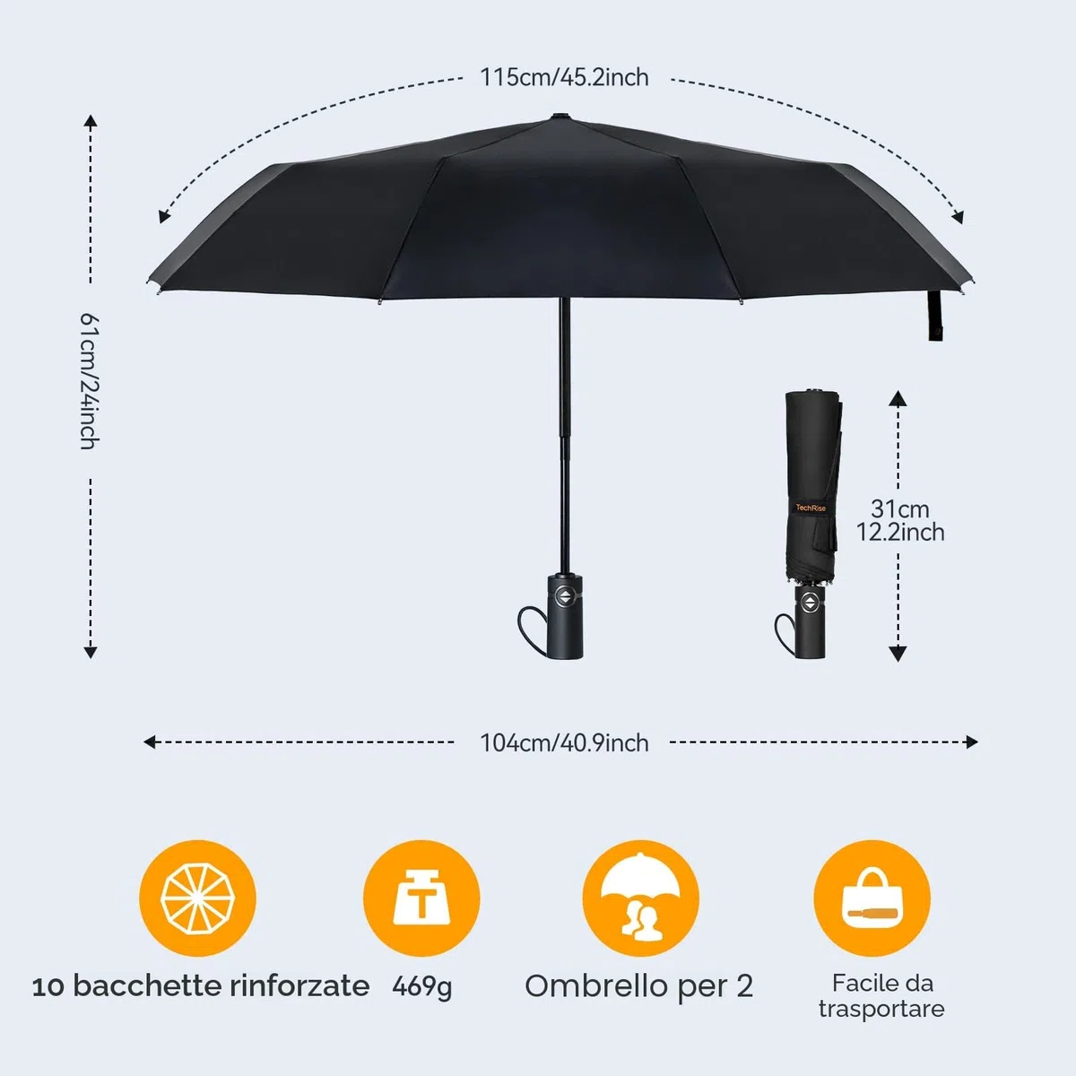 TechRise Ombrello Pieghevole, Ombrello Automatico Antivento Compatto e Forte con 10 Stecche, Apertura e Chiusura con un Solo Pulsante, Ombrello da Viaggio Portatile Leggero per Uomini e Donne