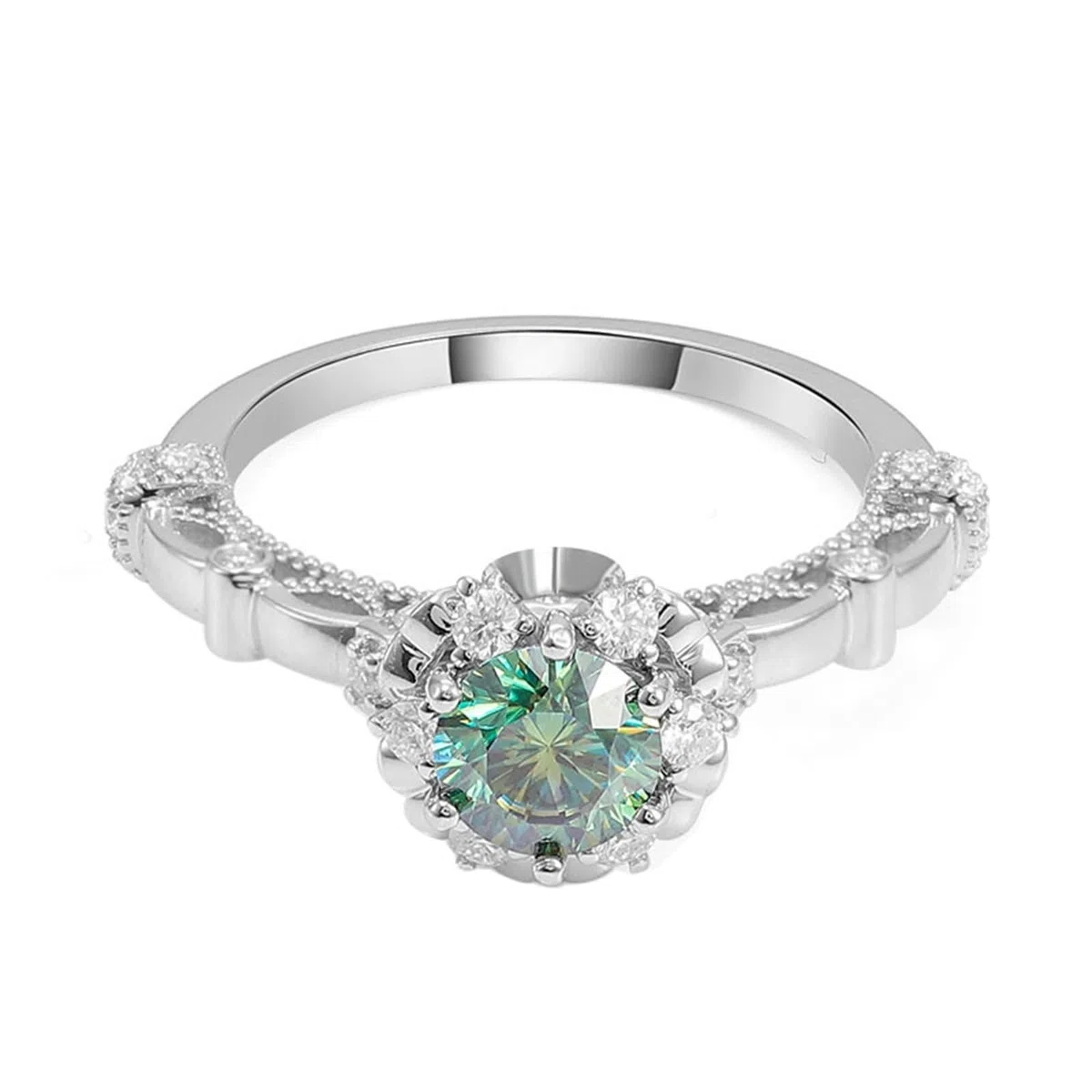 Wycian Anelli da donna eleganti anelli dell'amicizia in oro bianco 9 k moissanite con verde moissanite rotondo, misura 45 (14,3), eleganti personalizzabili per zia San Valentino