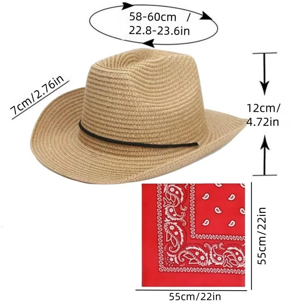 Générique Confezione da 10 cappelli da cowboy con bandane da uomo e da donna Western Cowgirl Hat Foulard Cappello di paglia Panama per accessori da festa, rodeo, mascherate