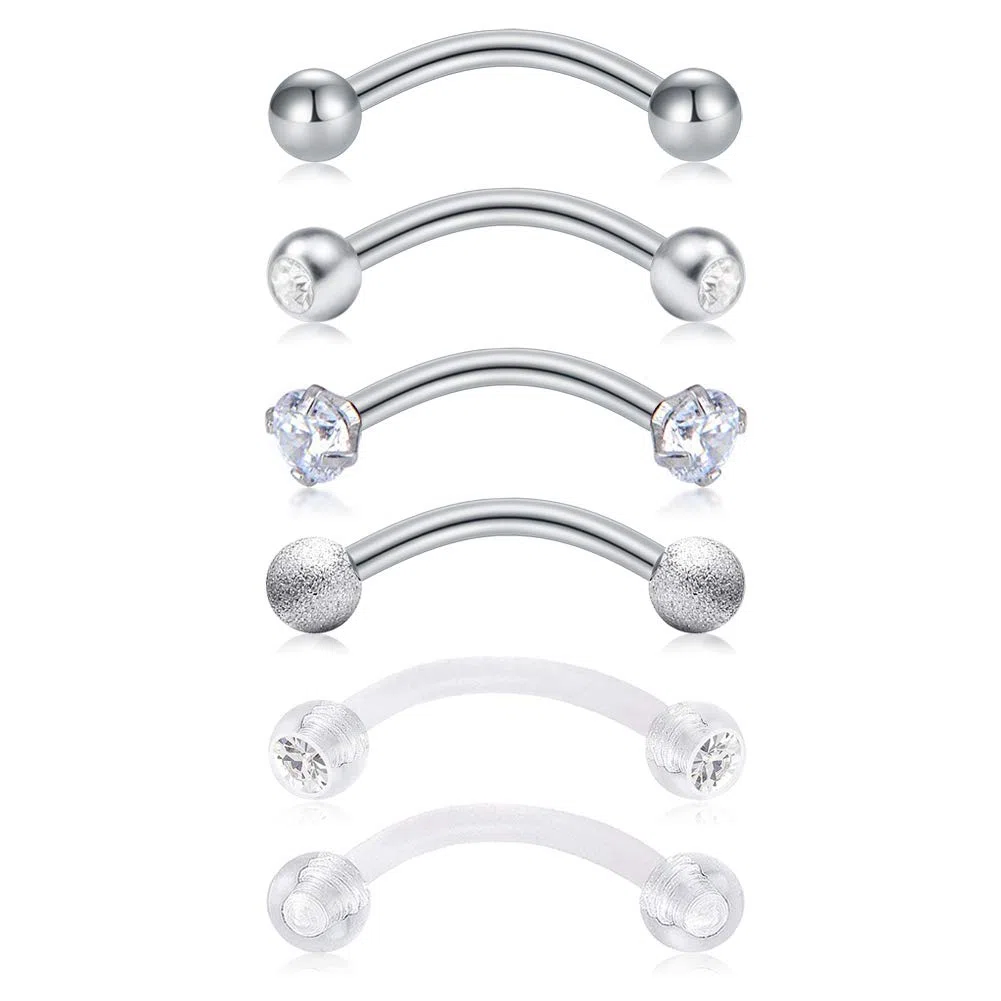 MODRSA Acciaio Chirurgico Piercing 16G - Labbro, Sopracciglia, Ombelico, Anello Helix, Cartilagine Orecchini, Bananen Bar - 6 Pezzi Curvo Barbell